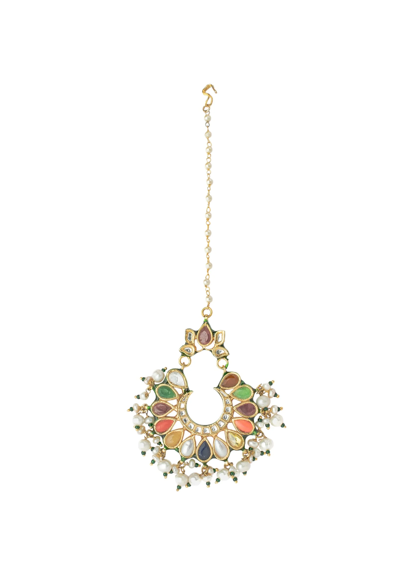 Gold Plated Multicolored Kundan Polki Maangtikka - Image 2