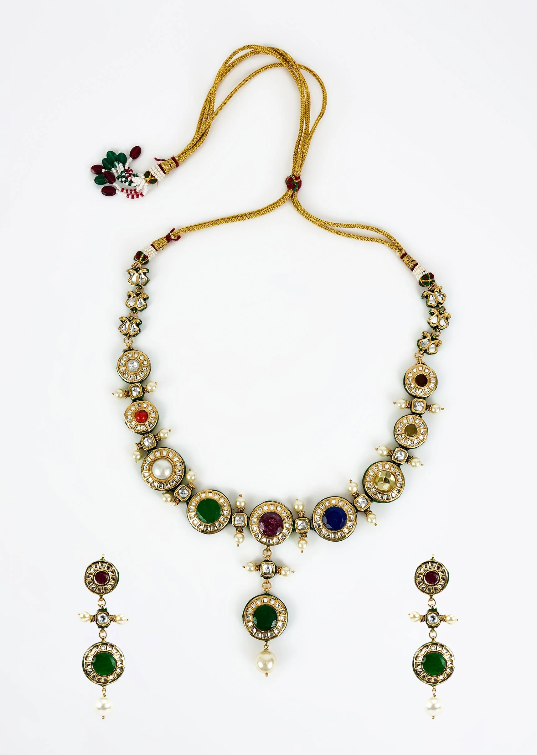 Gold Plated Multicolored Kundan Polki Short Necklace Set With Earrings - Image 2