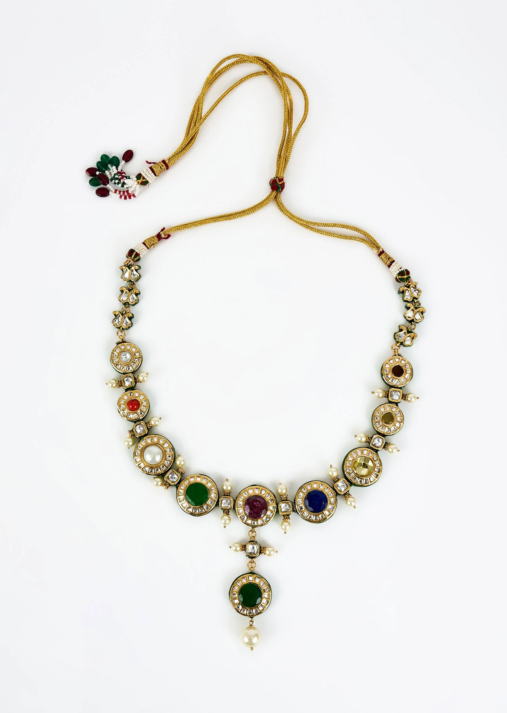 Gold Plated Multicolored Kundan Polki Short Necklace Set With Earrings - Image 3