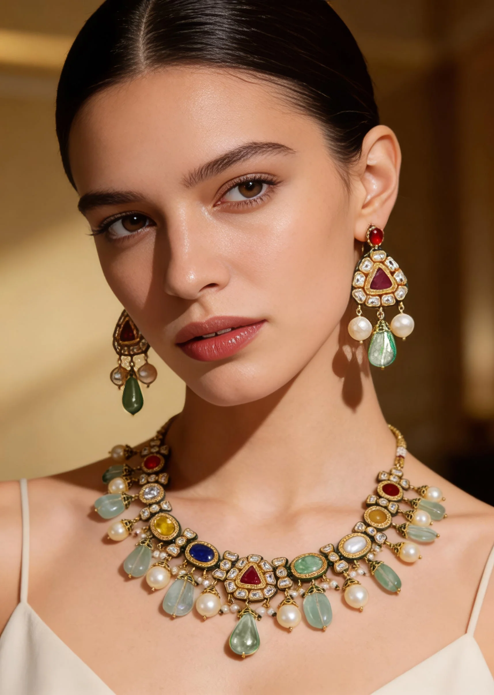 Gold Plated Multicolored Kundan Work Choker Necklace Set With Earrings