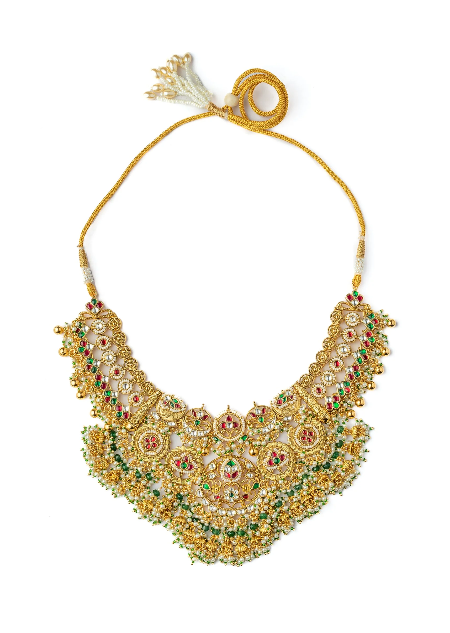 Gold Plated Multicolored Synthetic Stone Necklace Set With Earrings - Image 3