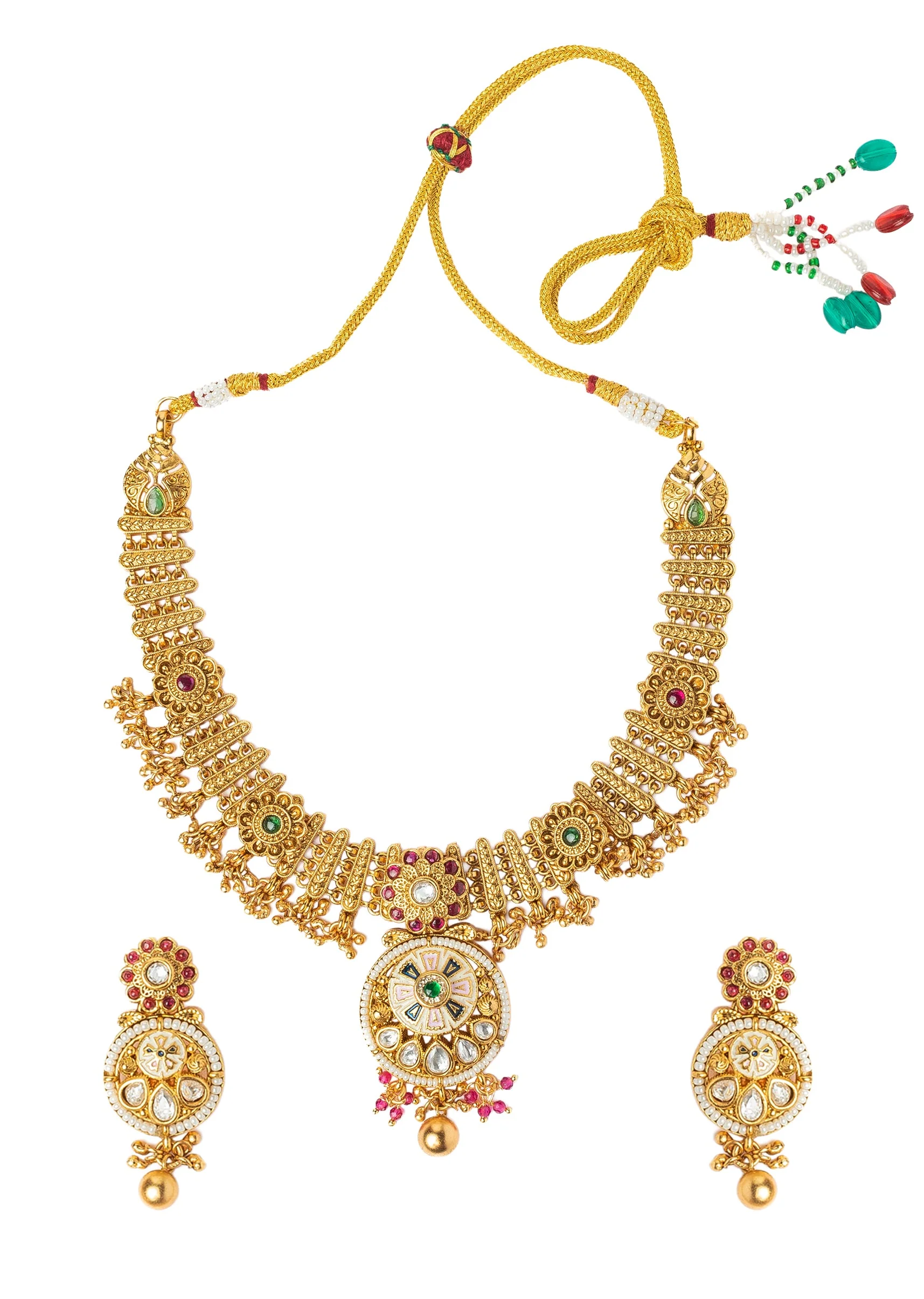 Gold Plated Necklace Set With Floral Design And Pink Green Stones - Image 2