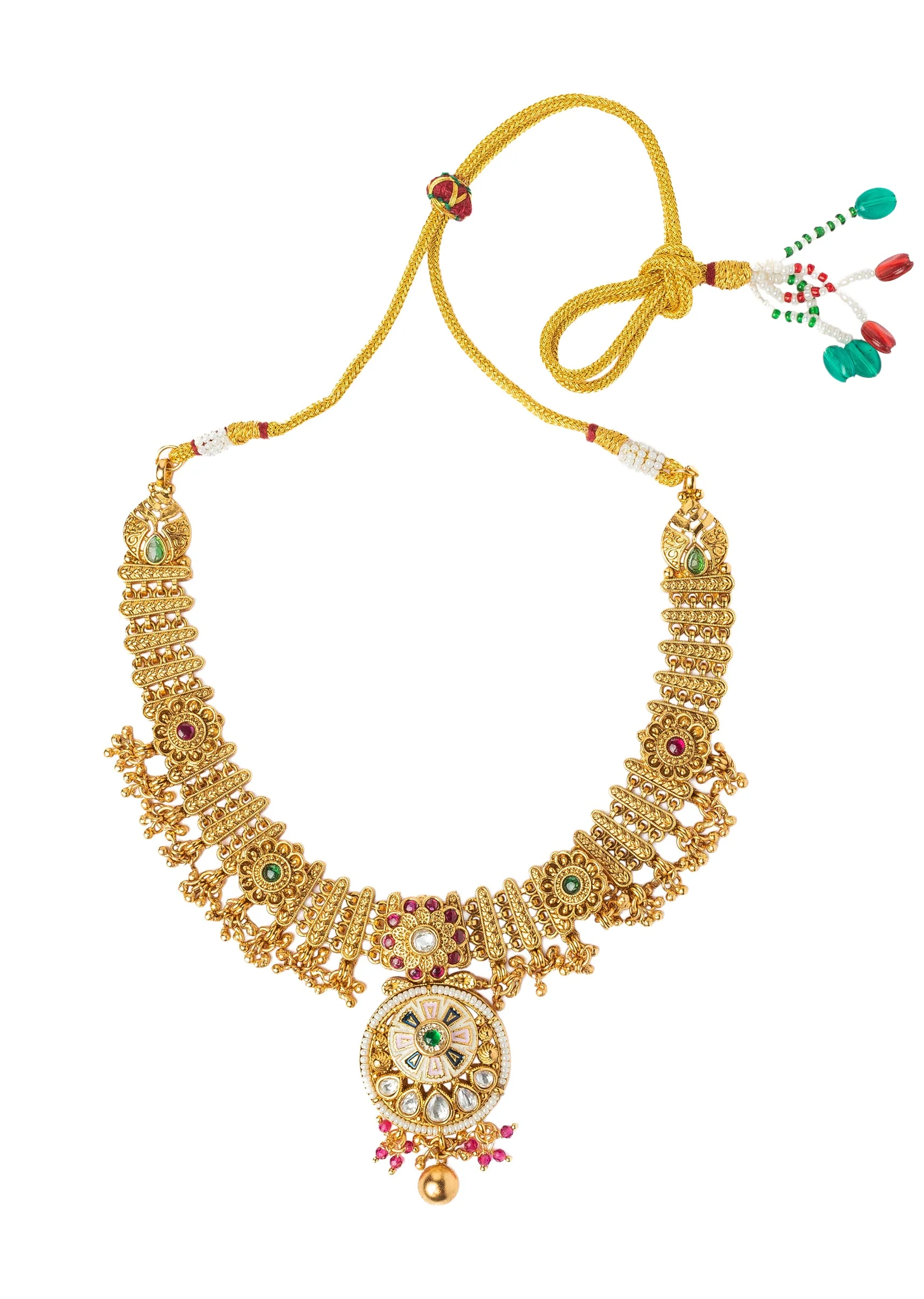 Gold Plated Necklace Set With Floral Design And Pink Green Stones - Image 3