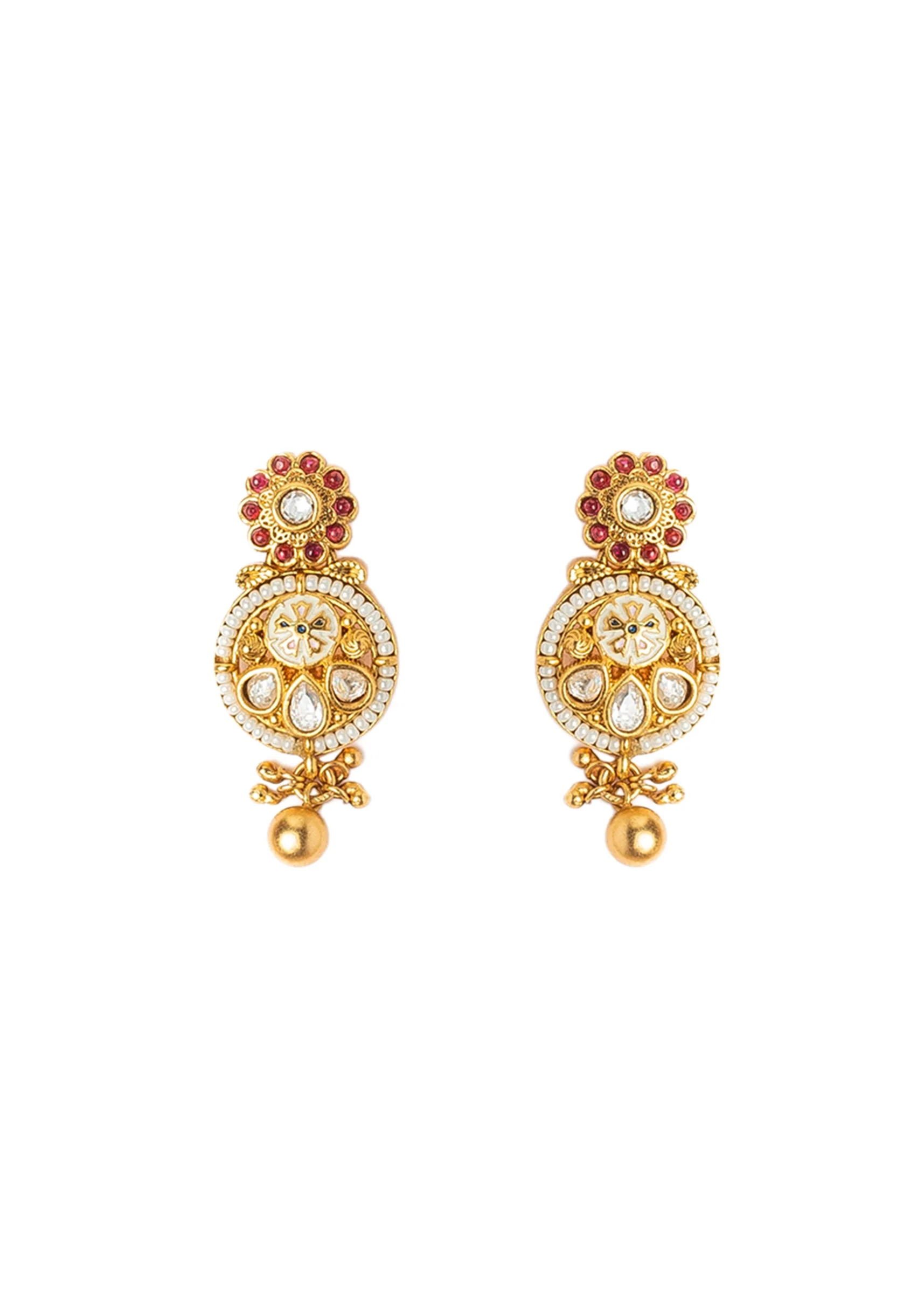 Gold Plated Necklace Set With Floral Design And Pink Green Stones - Image 4