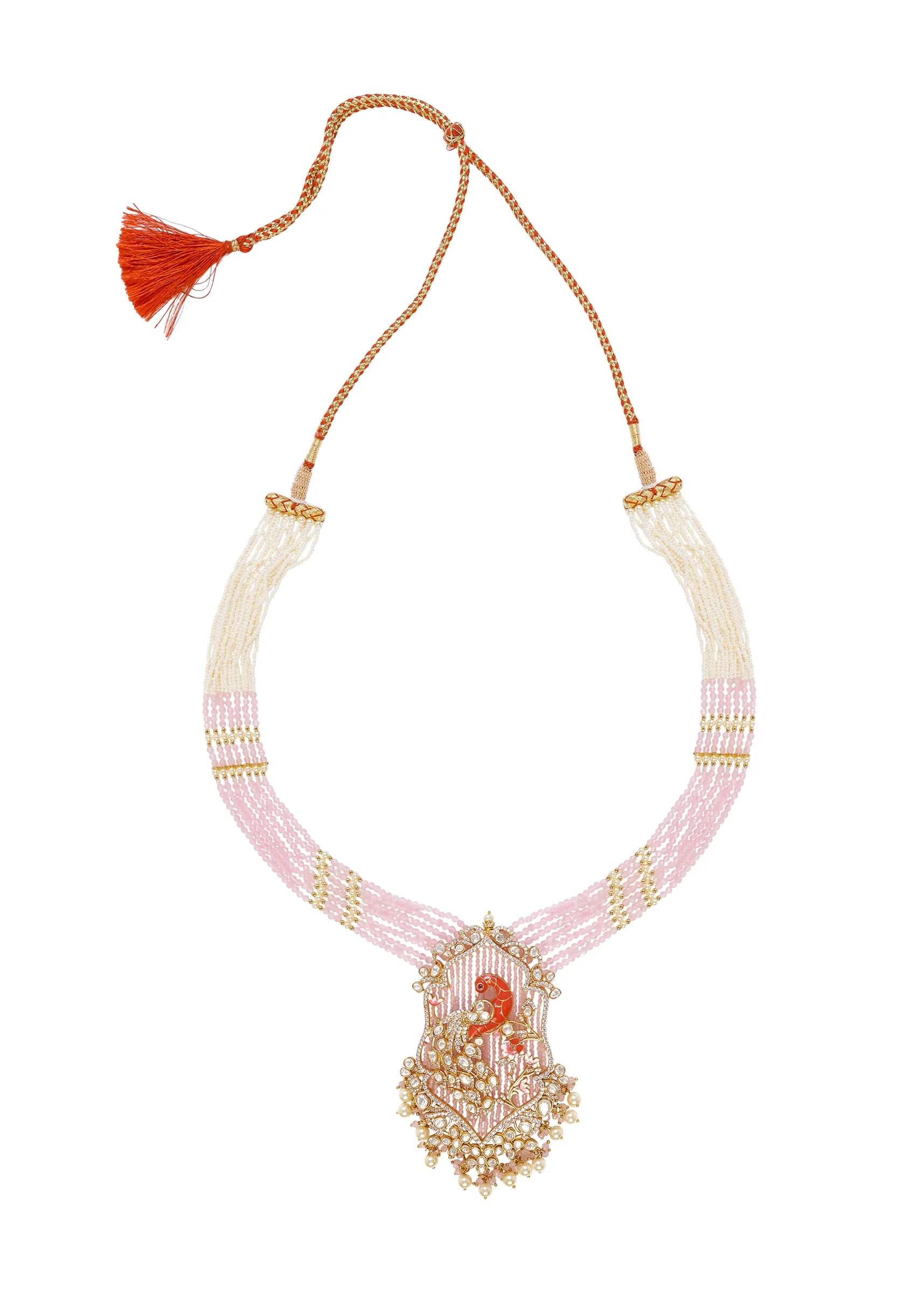 Gold Plated Pink And White Beads Long Necklace Set With Earrings - Image 3