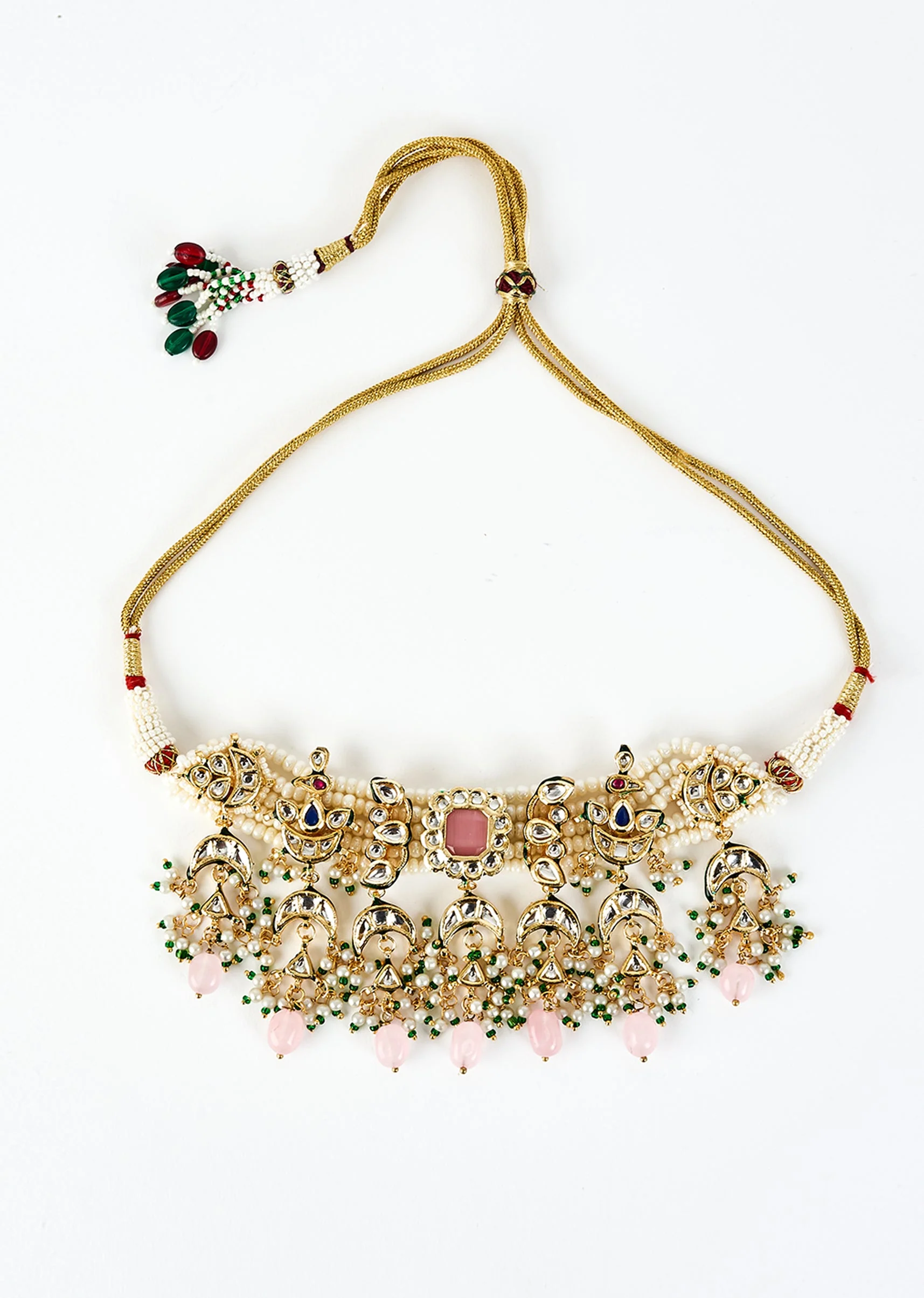 Gold Plated Pink Kundan Polki Choker Necklace Set With Earrings - Image 3