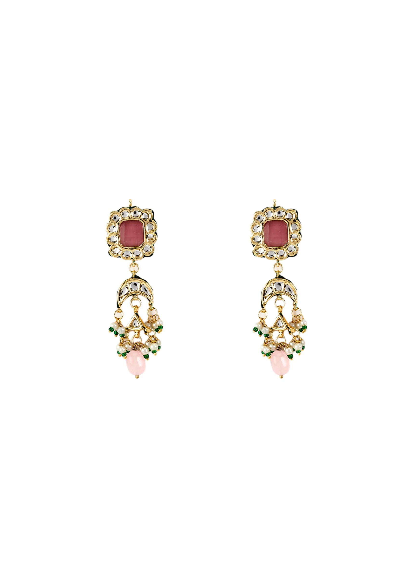 Gold Plated Pink Kundan Polki Choker Necklace Set With Earrings - Image 4