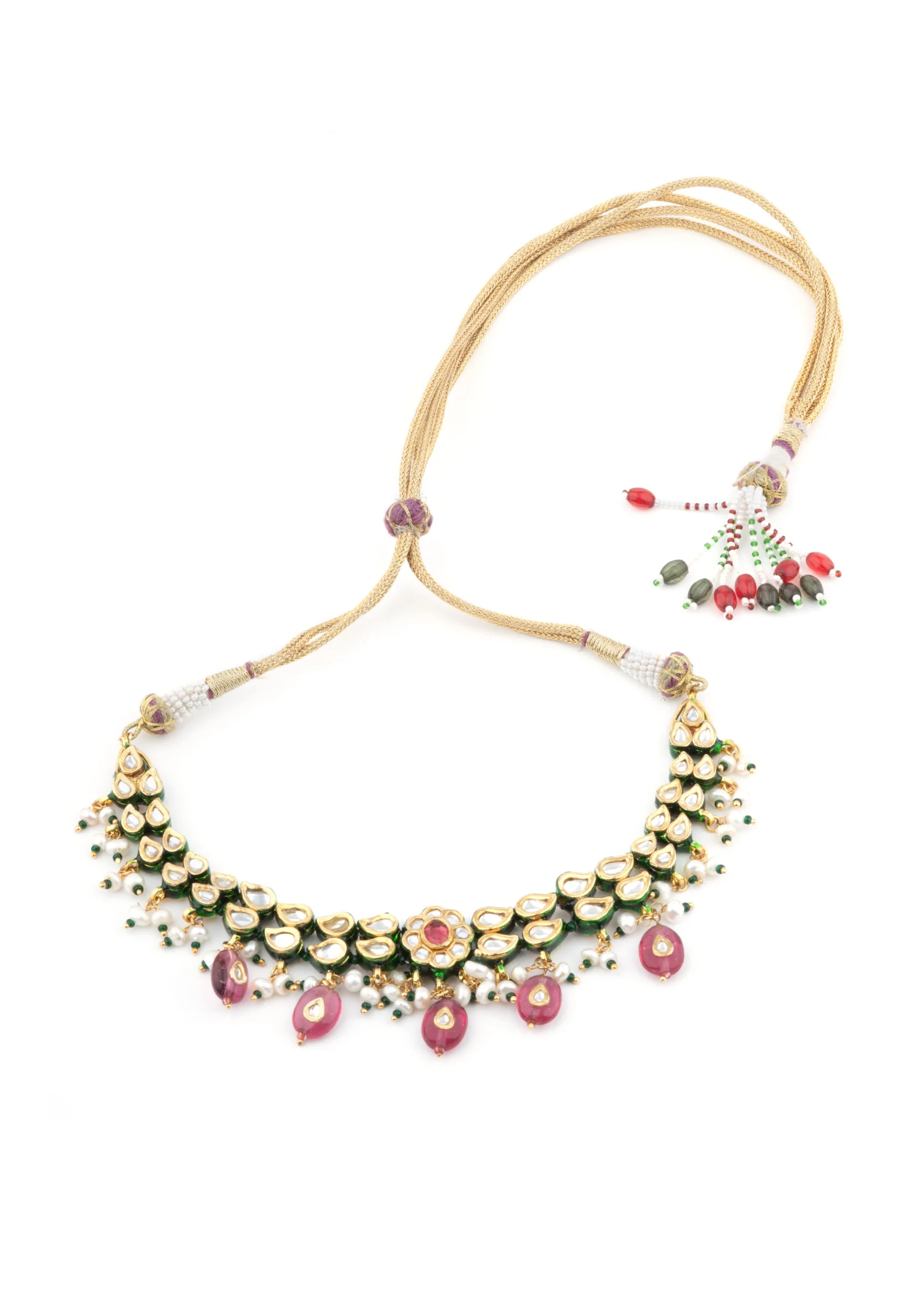 Gold Plated Pink Kundan Short Necklace Set With Earrings - Image 3