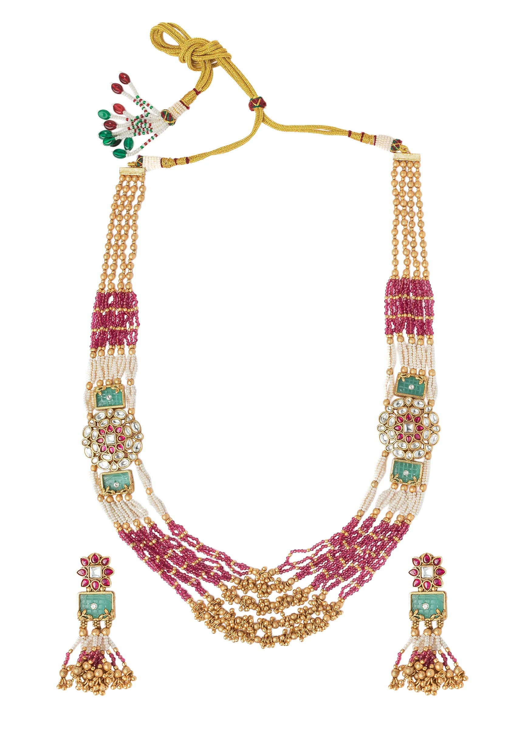 Gold Plated Pink Long Necklace Set With Earrings