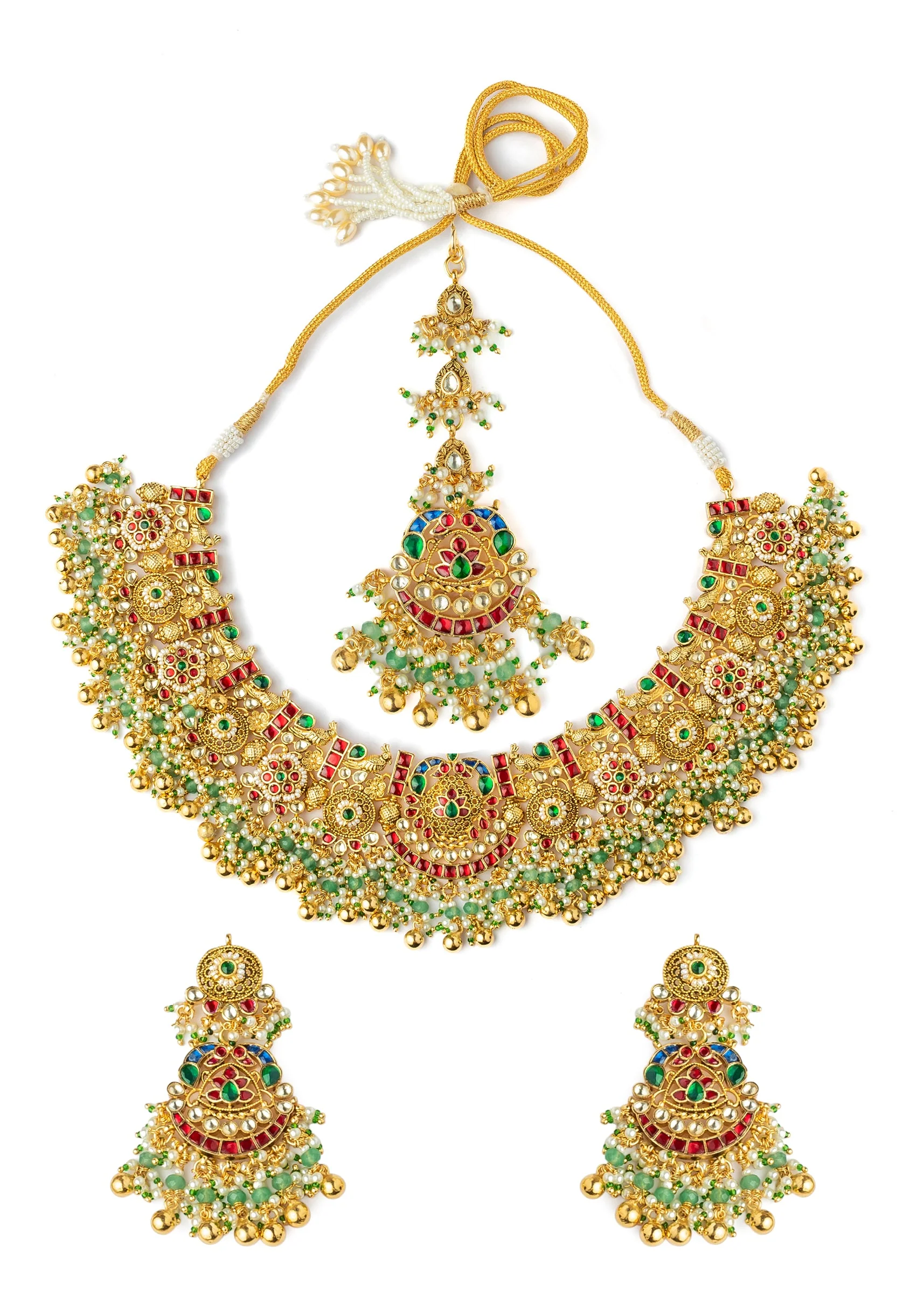 Gold Plated Pink Synthetic Stone Necklace Set With Earrings And Maangtikka