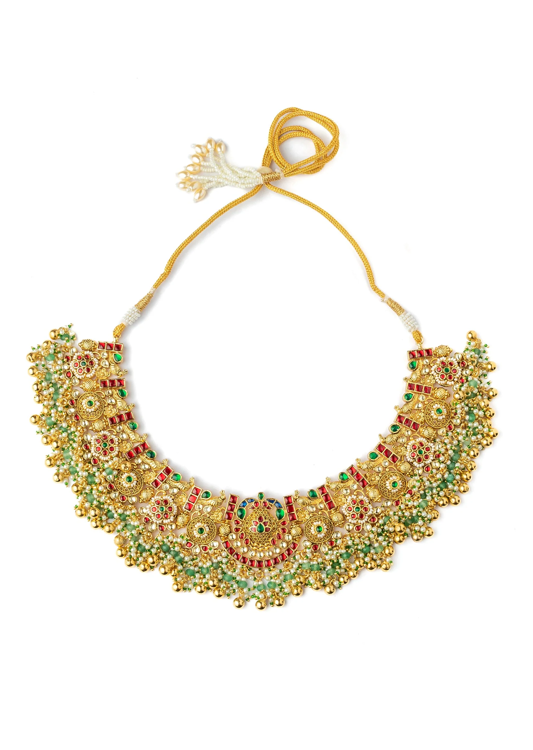 Gold Plated Pink Synthetic Stone Necklace Set With Earrings And Maangtikka - Image 2