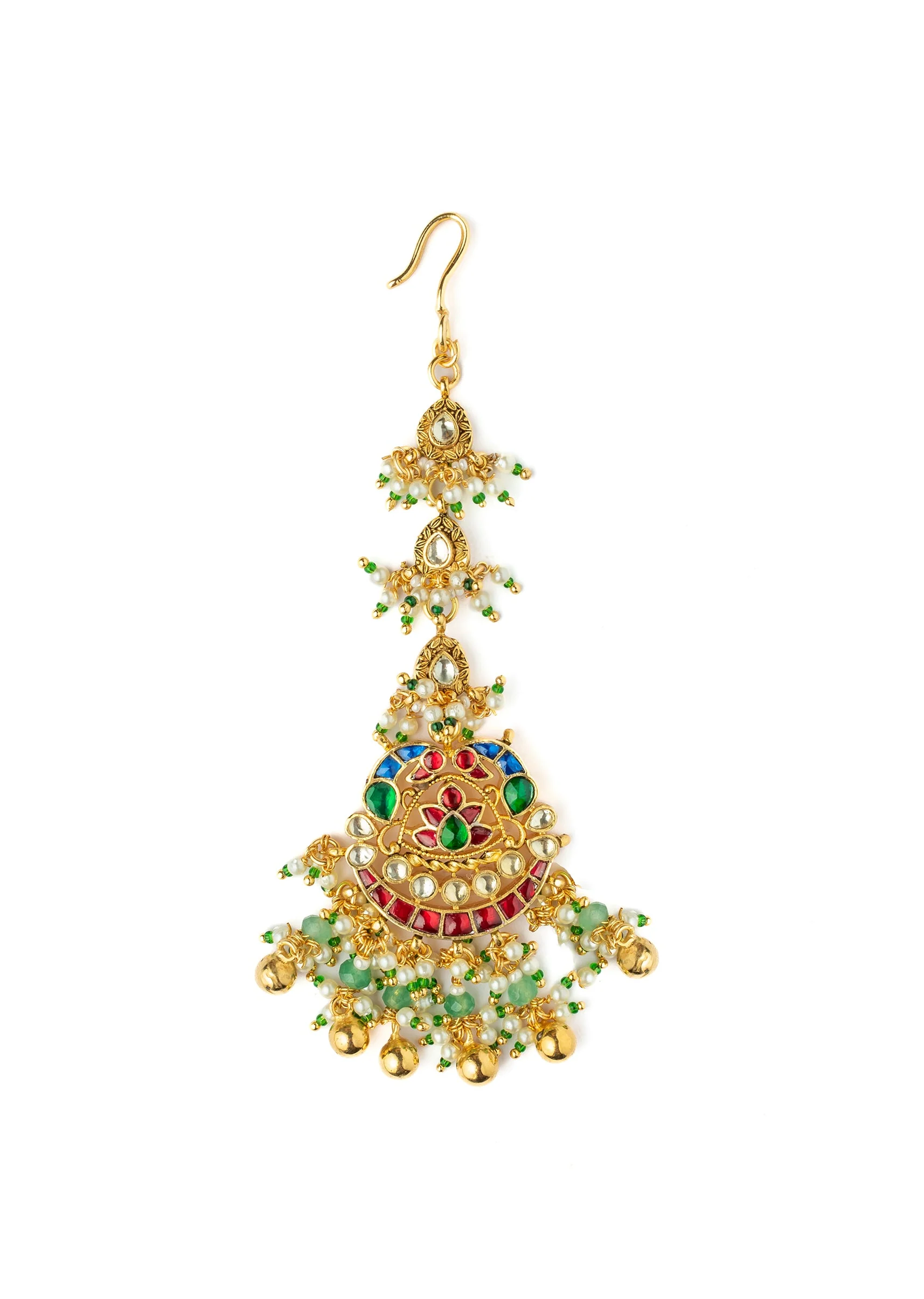 Gold Plated Pink Synthetic Stone Necklace Set With Earrings And Maangtikka - Image 5