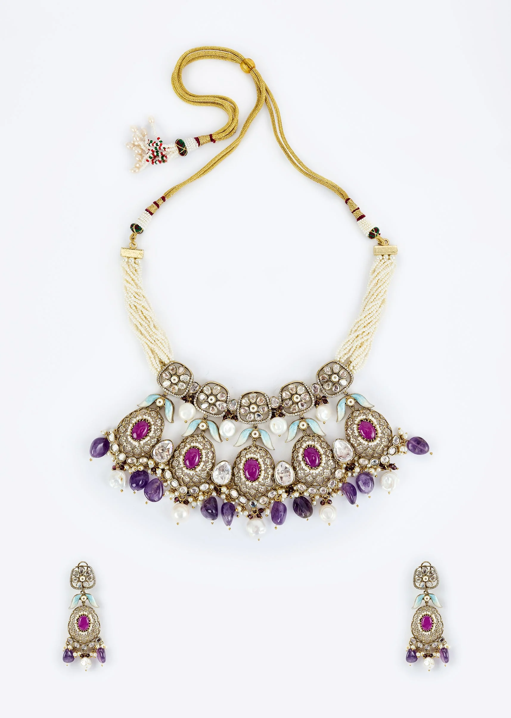 Gold Plated Purple Kundan Polki Short Necklace Set With Earrings - Image 2