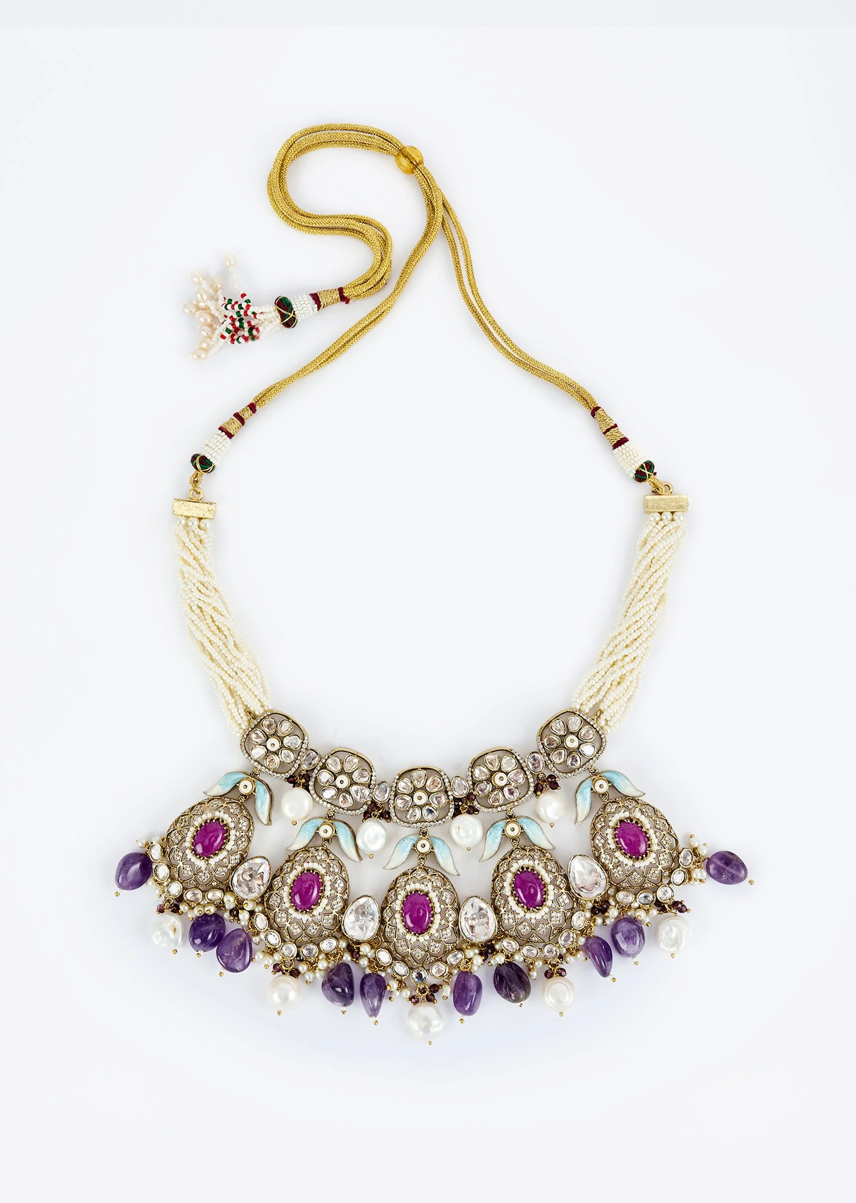 Gold Plated Purple Kundan Polki Short Necklace Set With Earrings - Image 3