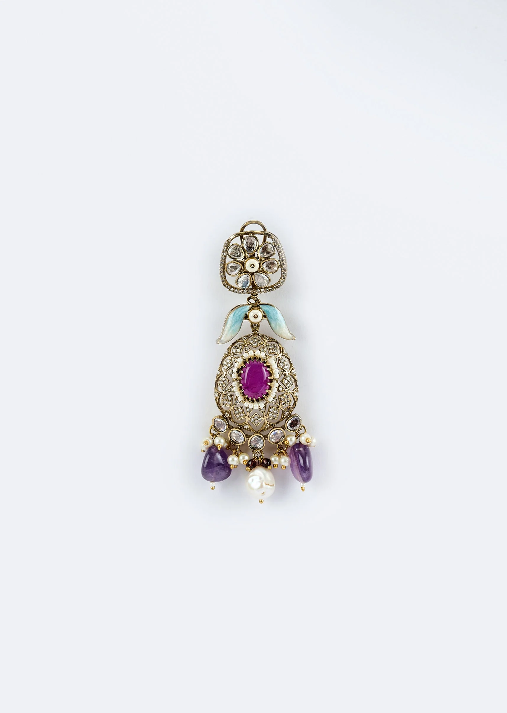 Gold Plated Purple Kundan Polki Short Necklace Set With Earrings - Image 5