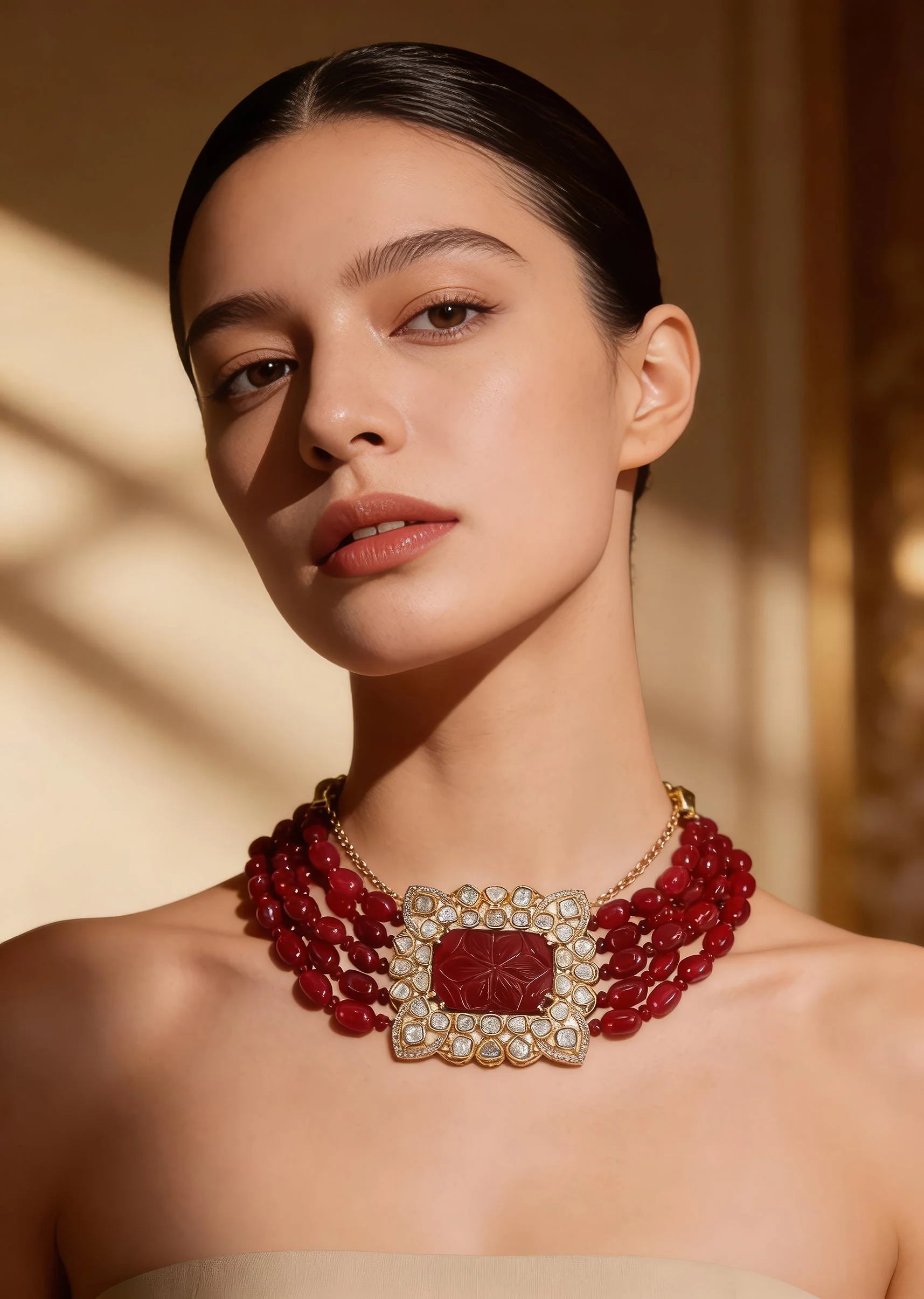 Gold Plated Red Beaded Choker Necklace Set