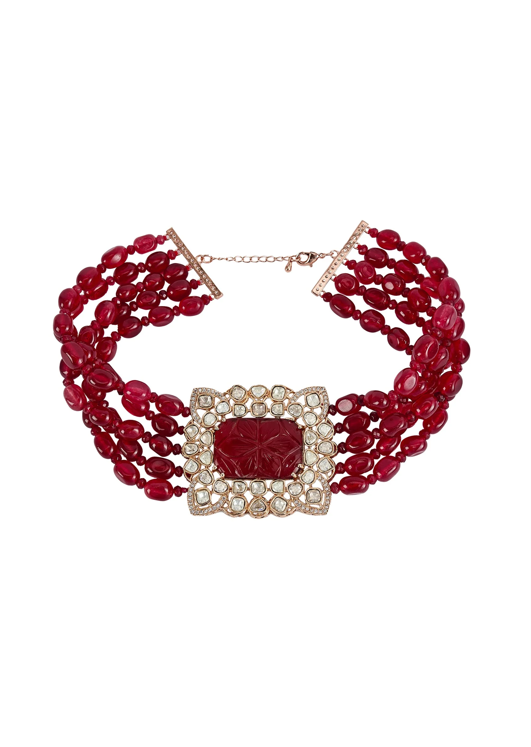 Gold Plated Red Beaded Choker Necklace Set - Image 2