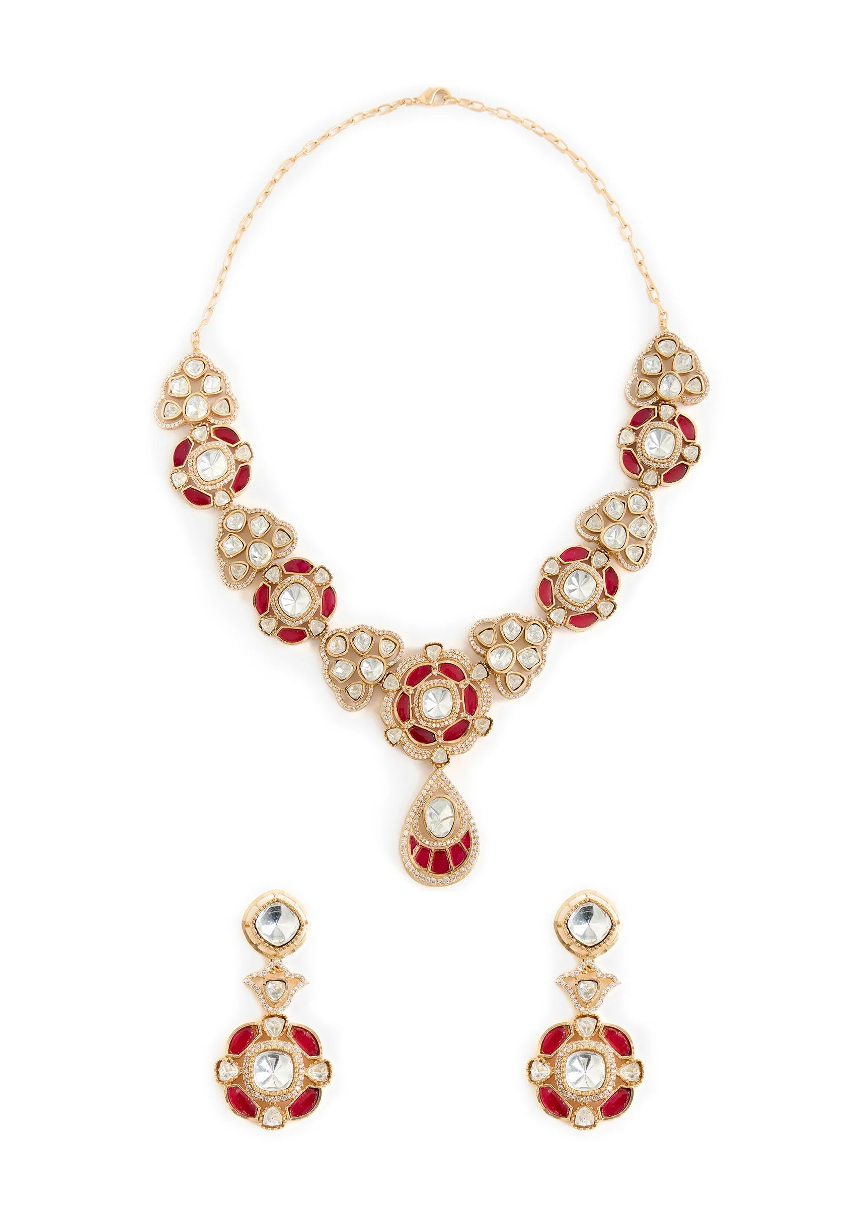 Gold Plated Red Gemstones Kundan Necklace And Earring Set - Image 2