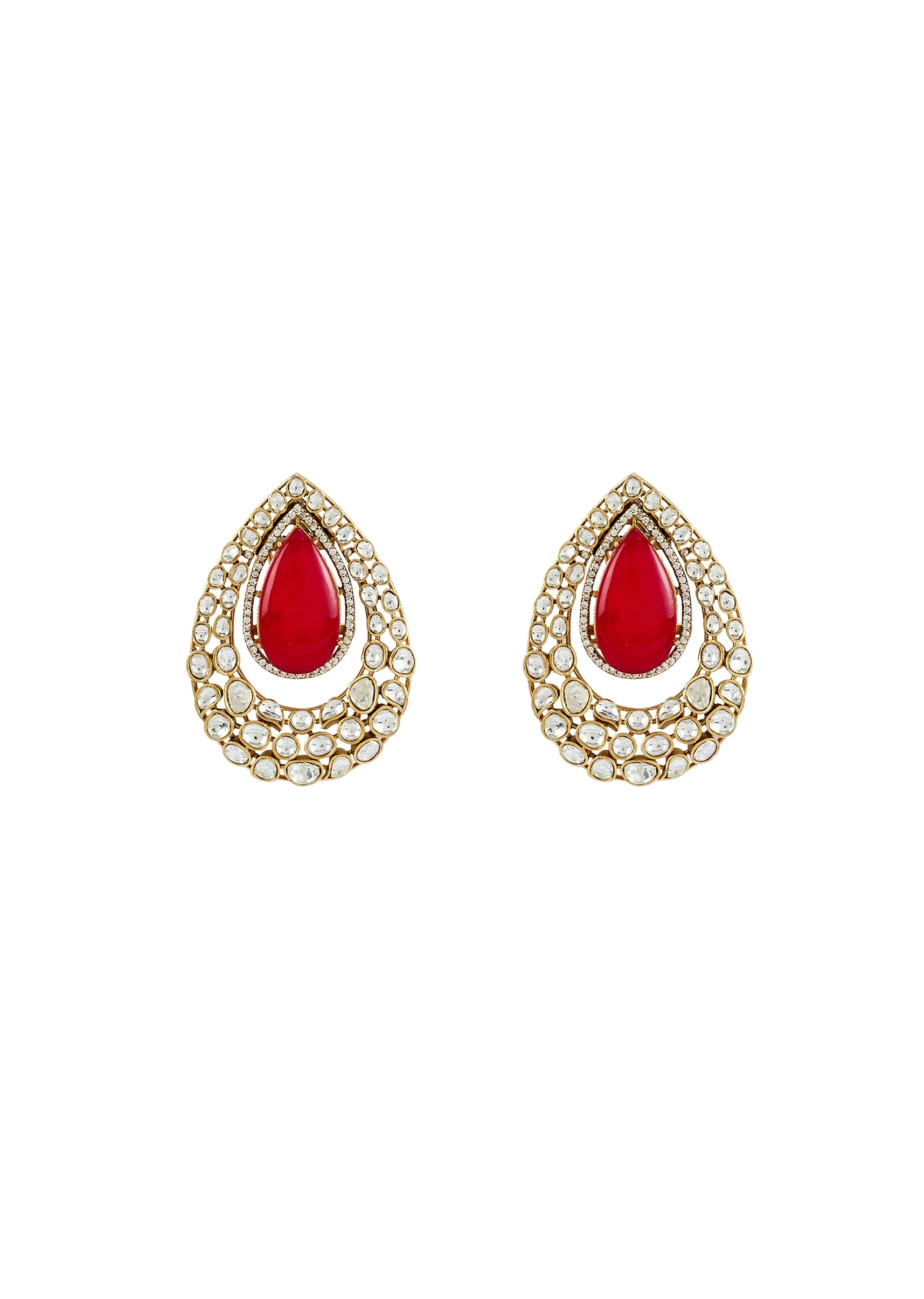 Gold Plated Red Kundan Polki Stud Earrings - Image 2