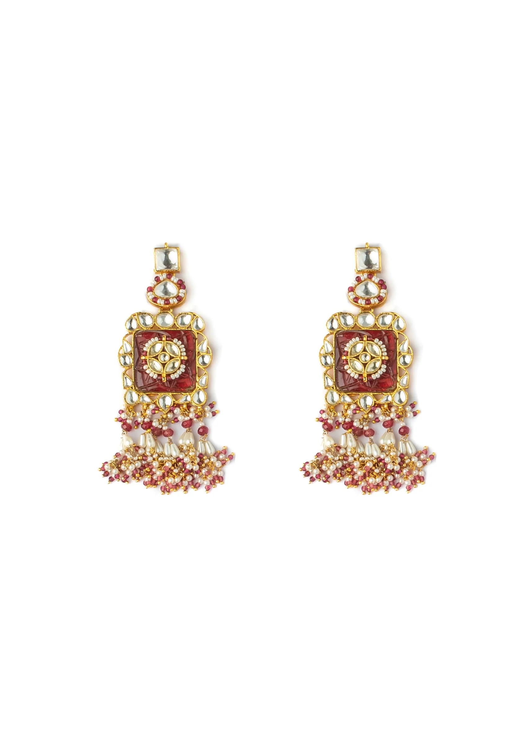 Gold Plated Red Stones Kundan Polki Necklace Set With Earrings - Image 3
