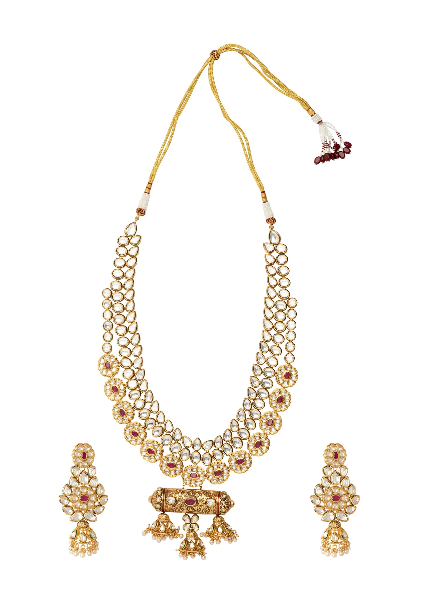 Gold Plated Red Synthetic Stone Necklace Set With Earrings - Image 2