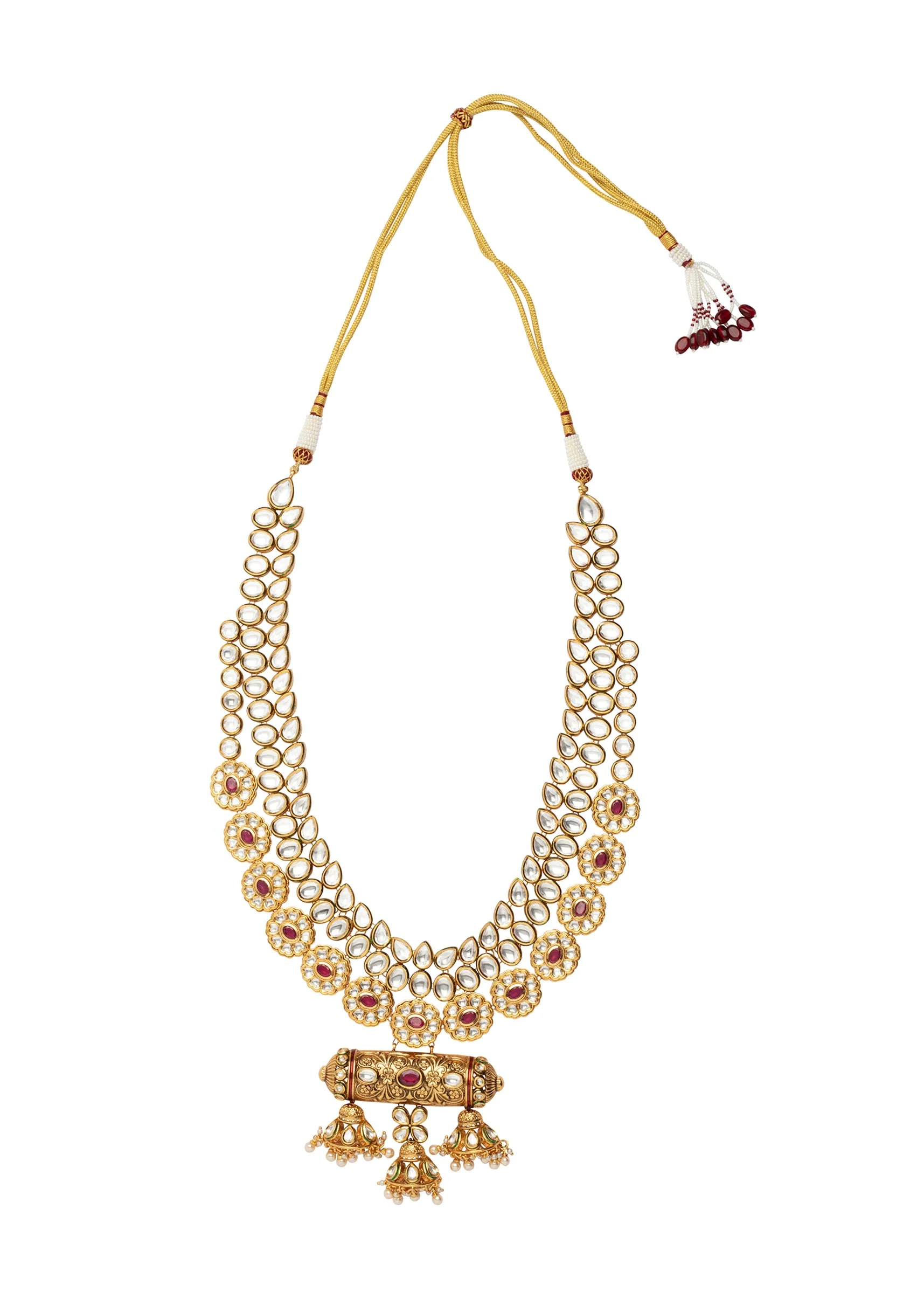 Gold Plated Red Synthetic Stone Necklace Set With Earrings - Image 3