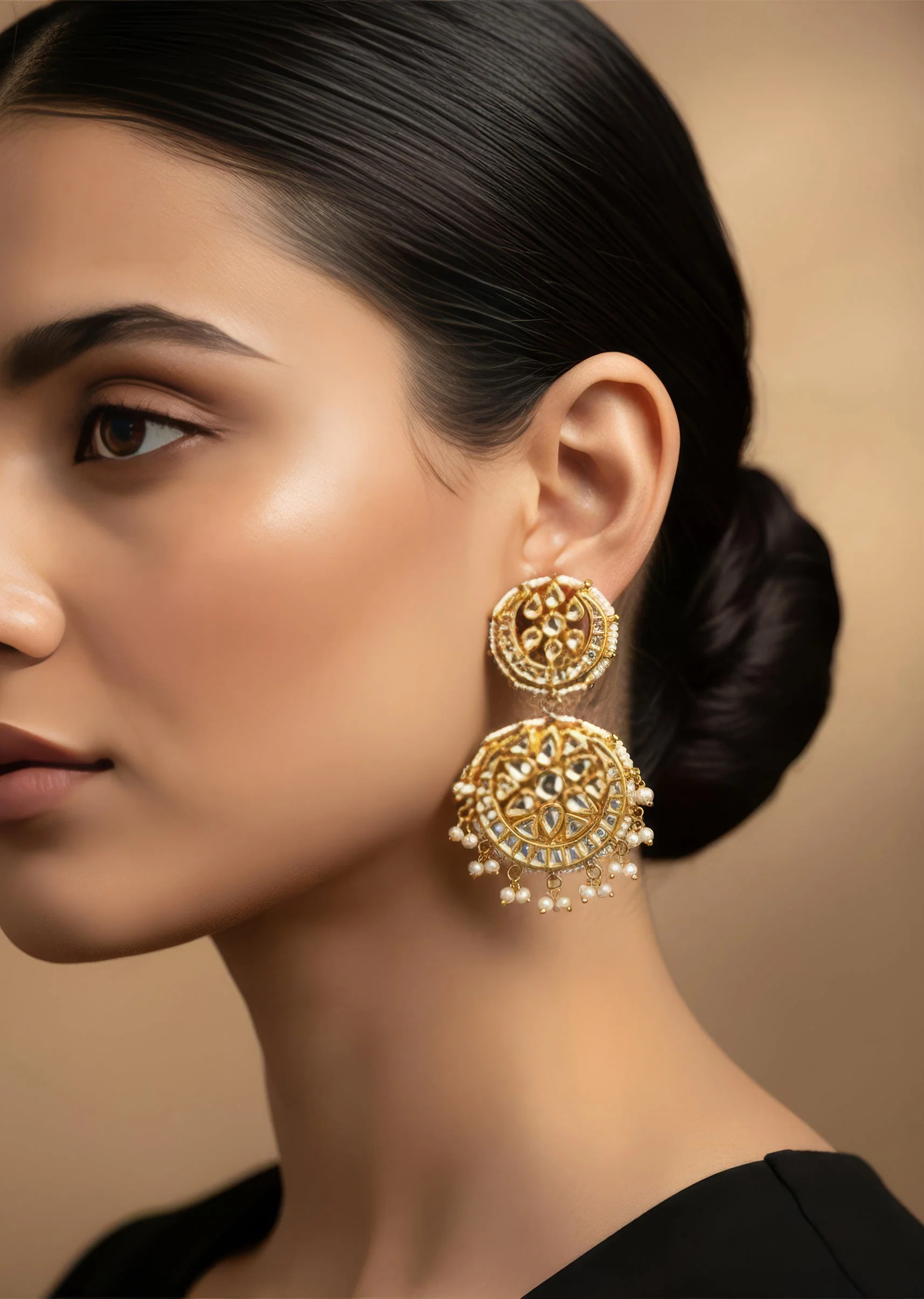 Gold Plated White Kundan Polki Double Drop Earrings