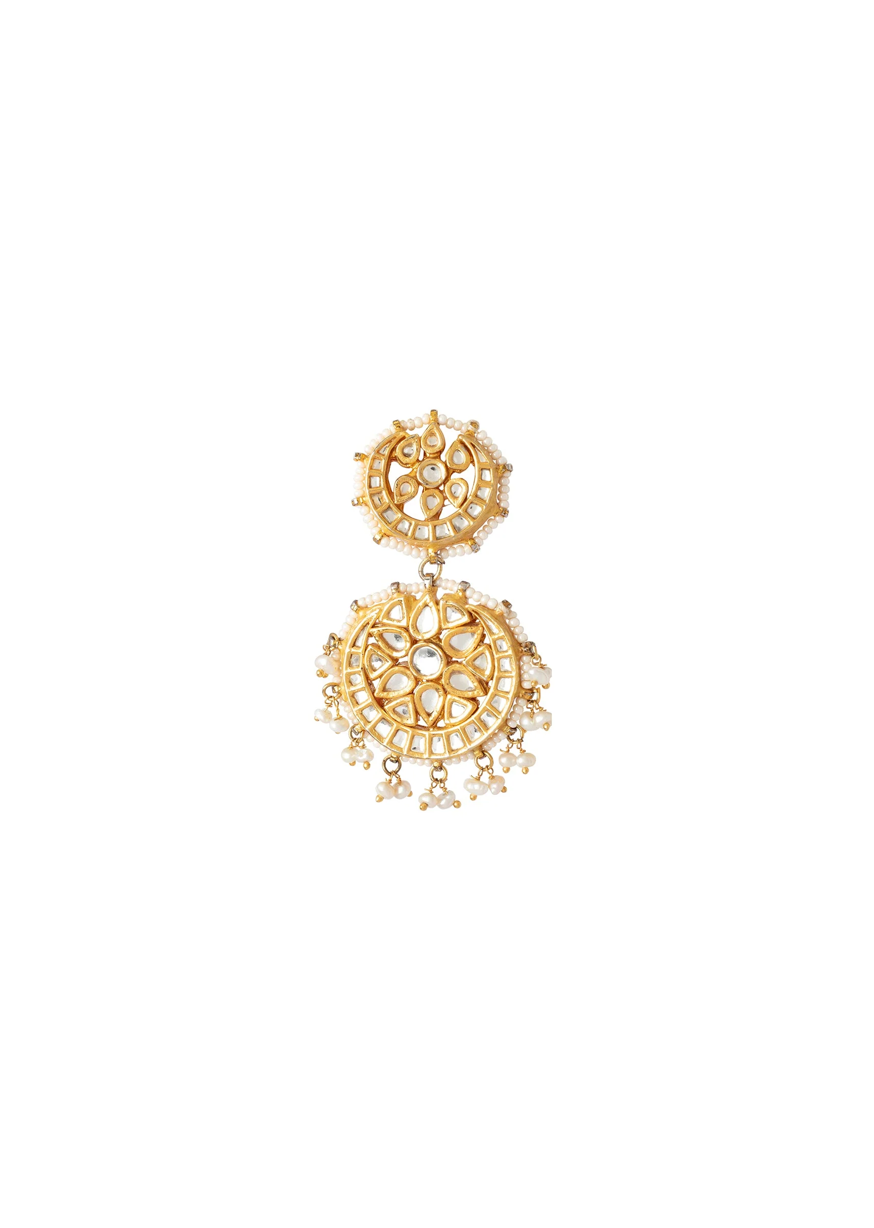 Gold Plated White Kundan Polki Double Drop Earrings - Image 3