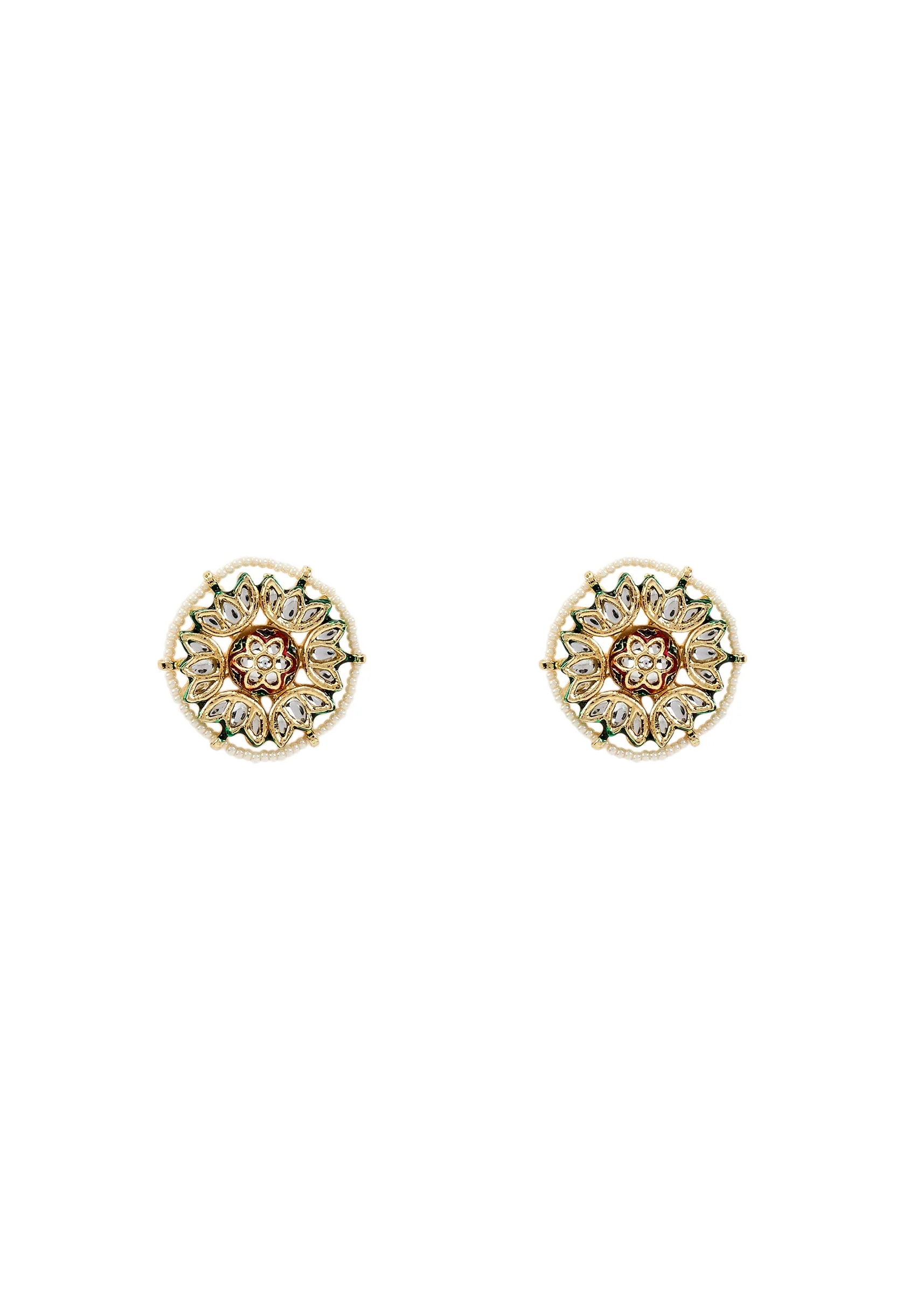 Gold Plated White Kundan Polki Studs Earrings - Image 2