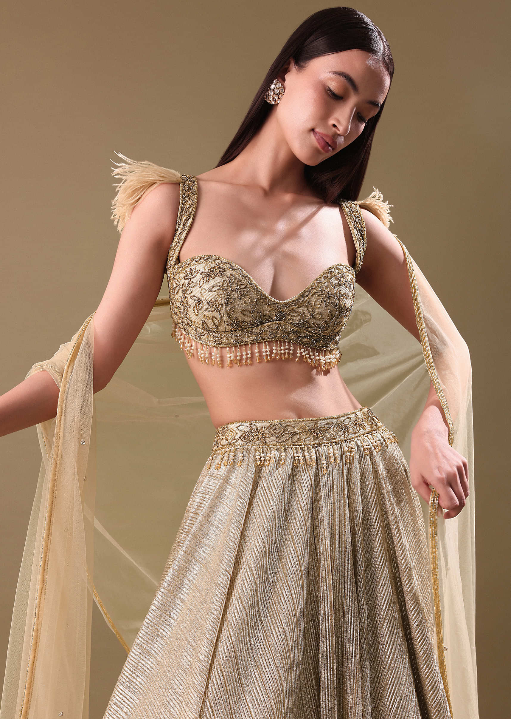 Gold Pre Pleated Lehenga With Embellished Blouse And Net Dupatta - Image 2