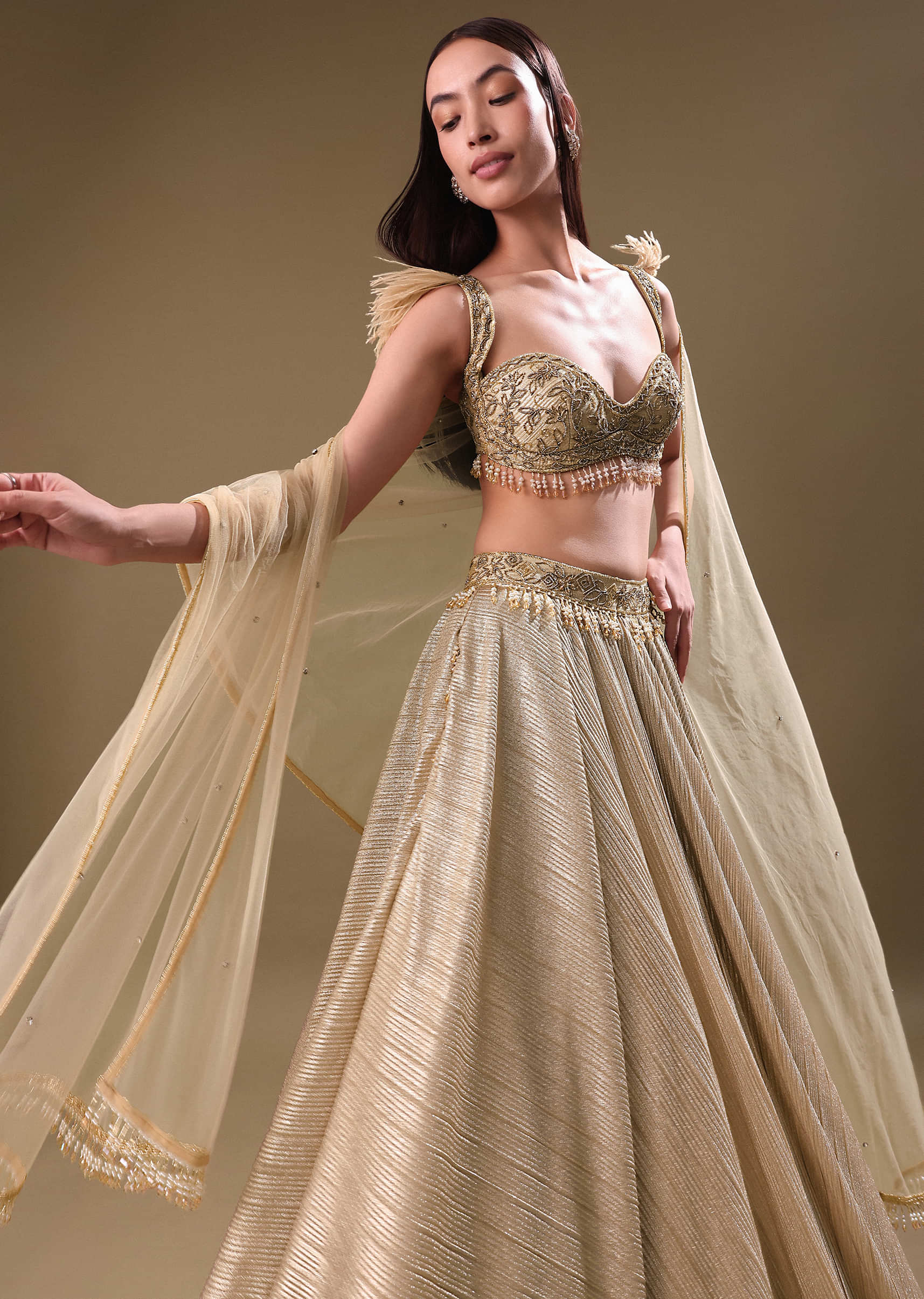 Gold Pre Pleated Lehenga With Embellished Blouse And Net Dupatta - Image 3