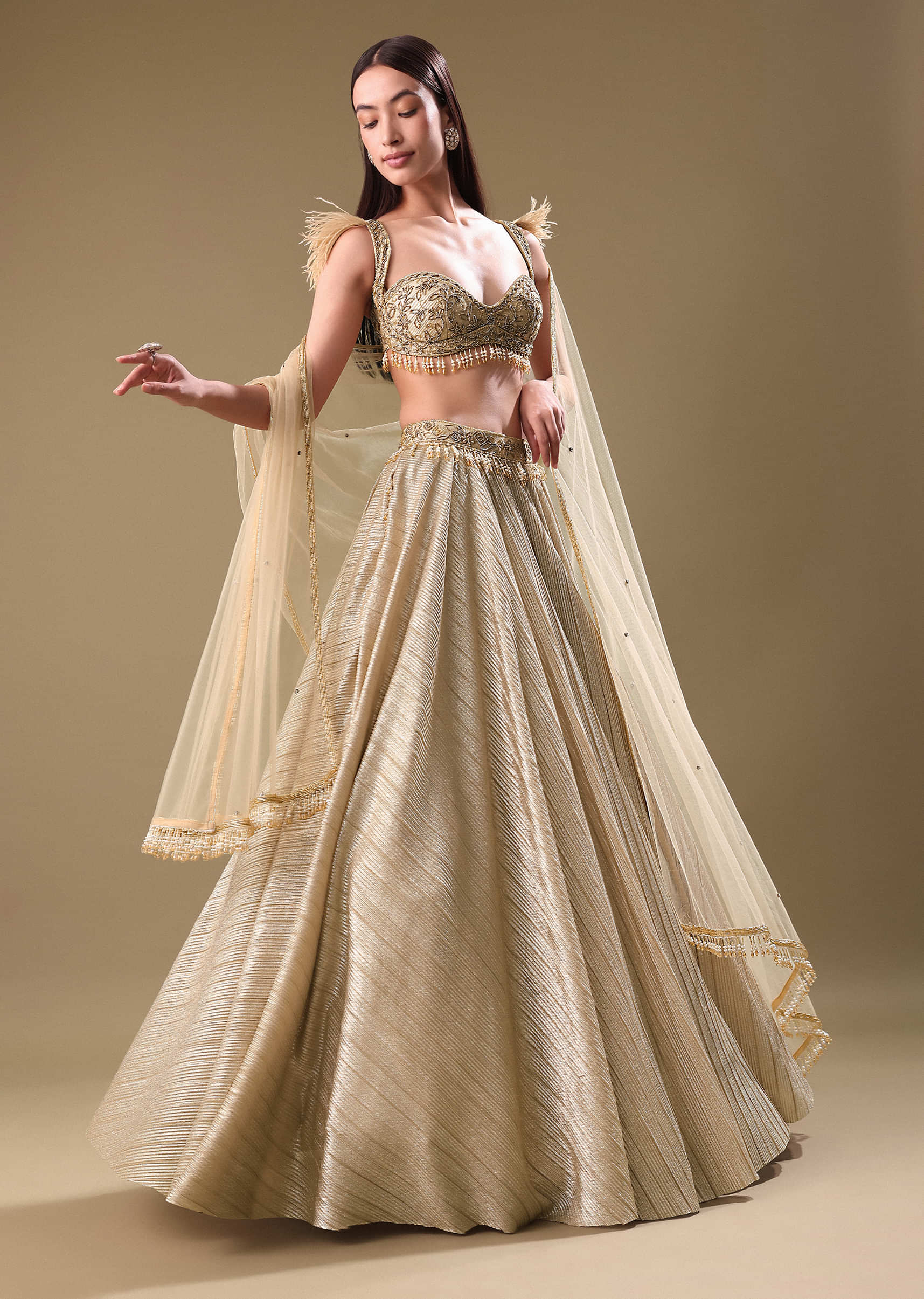 Gold Pre Pleated Lehenga With Embellished Blouse And Net Dupatta - Image 5