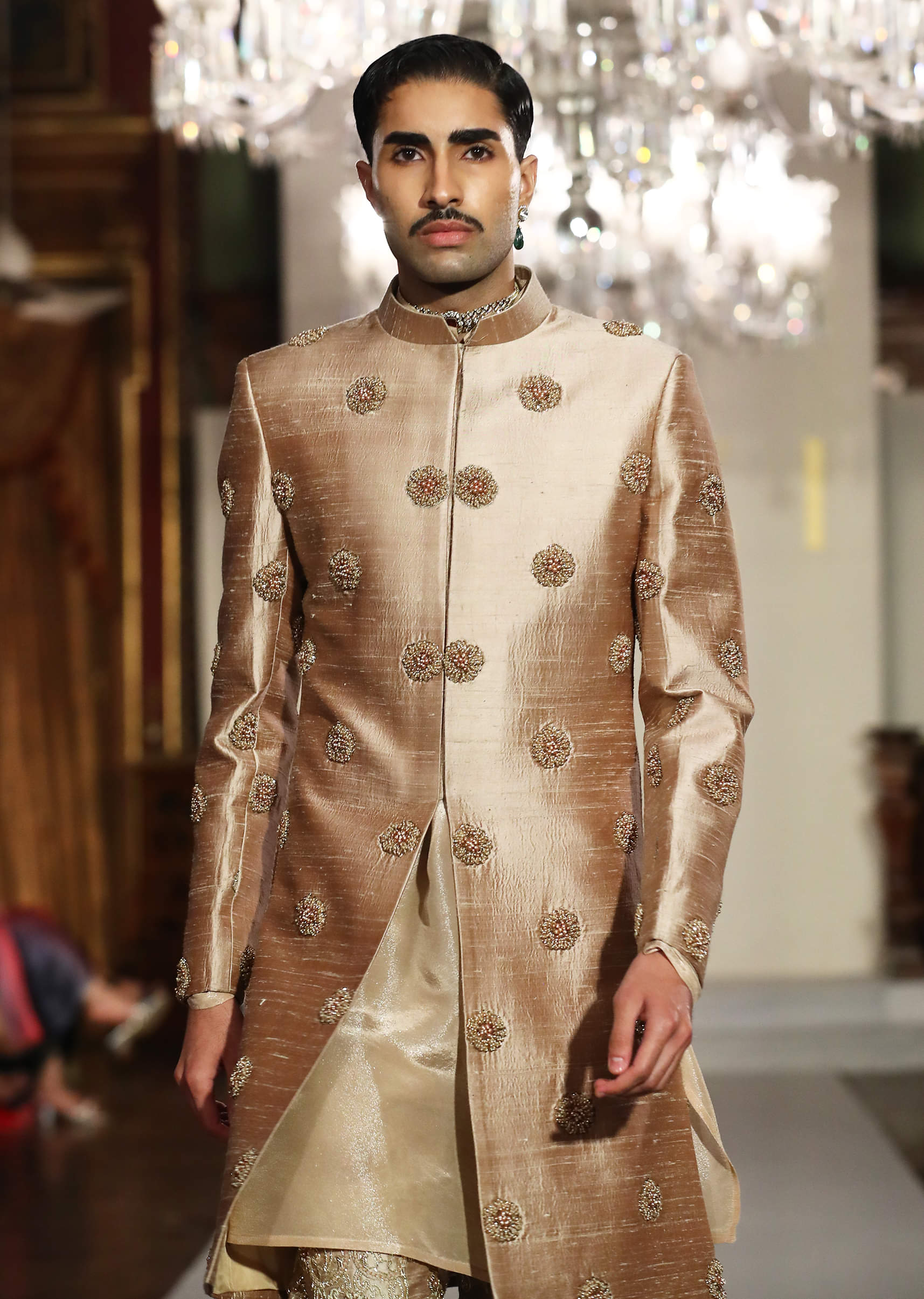 Gold Raw Silk Sherwani For Groom With Zardosi Embroidery - Image 2
