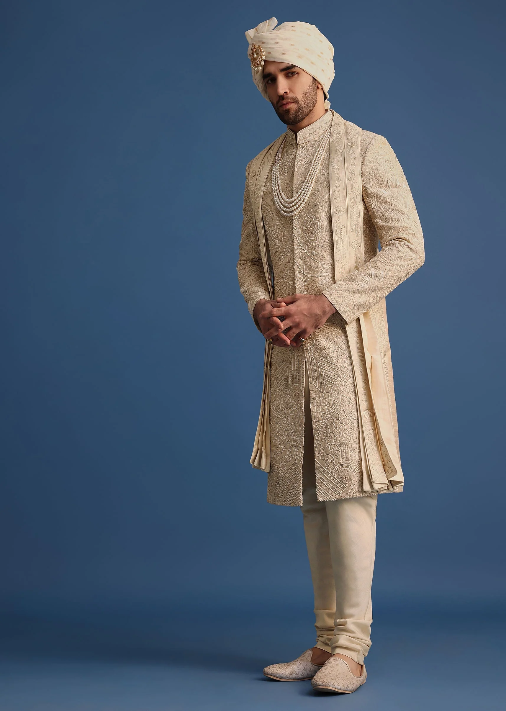 Gold Raw Silk Sherwani Suit With Hand Work - Image 2