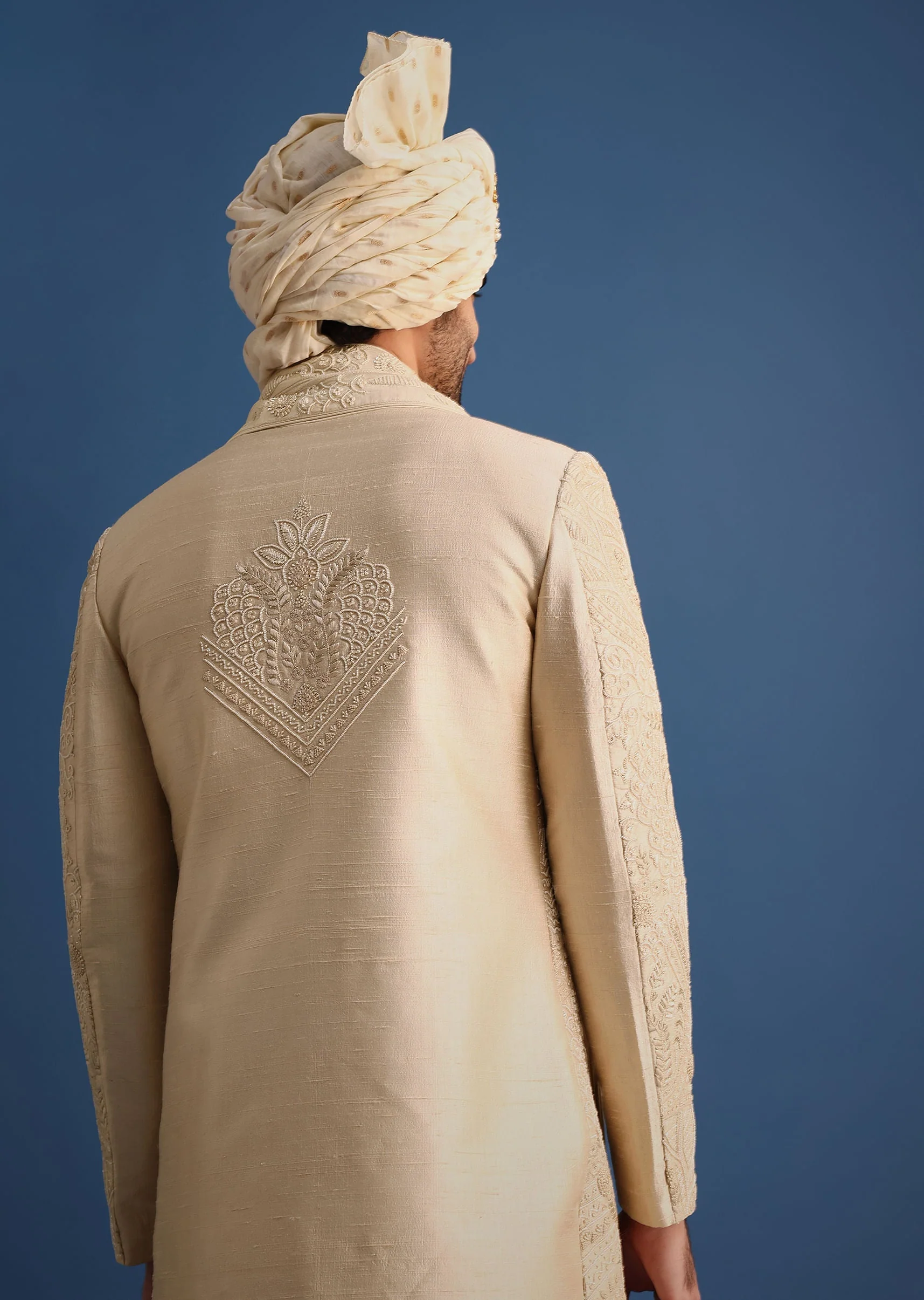 Gold Raw Silk Sherwani Suit With Hand Work - Image 4