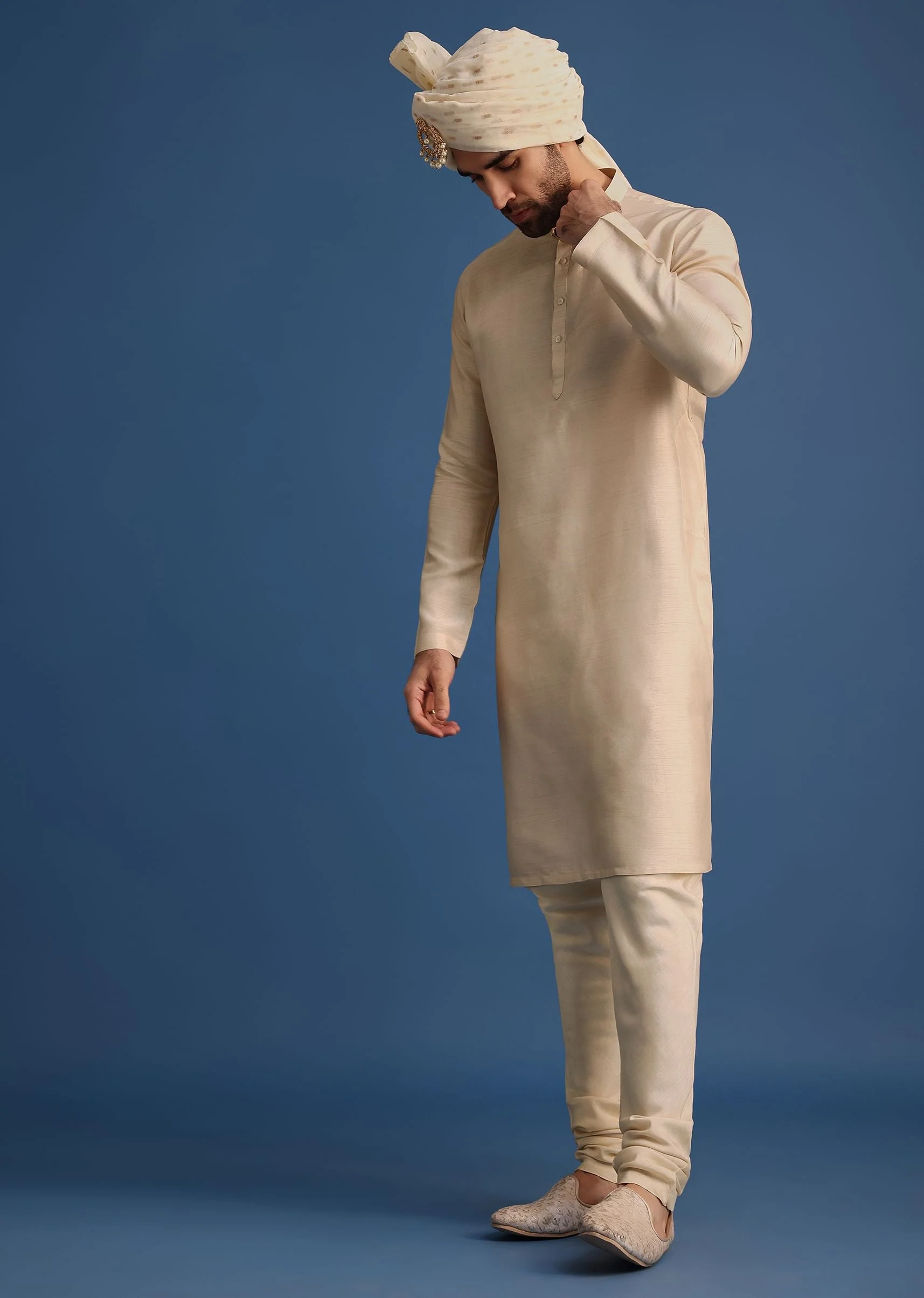 Gold Raw Silk Sherwani Suit With Hand Work - Image 7
