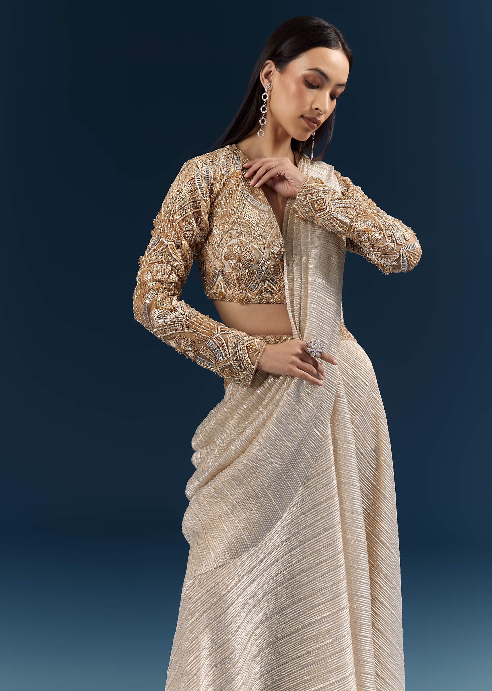 Gold Ready Pleated Saree With Aari Work - Image 3