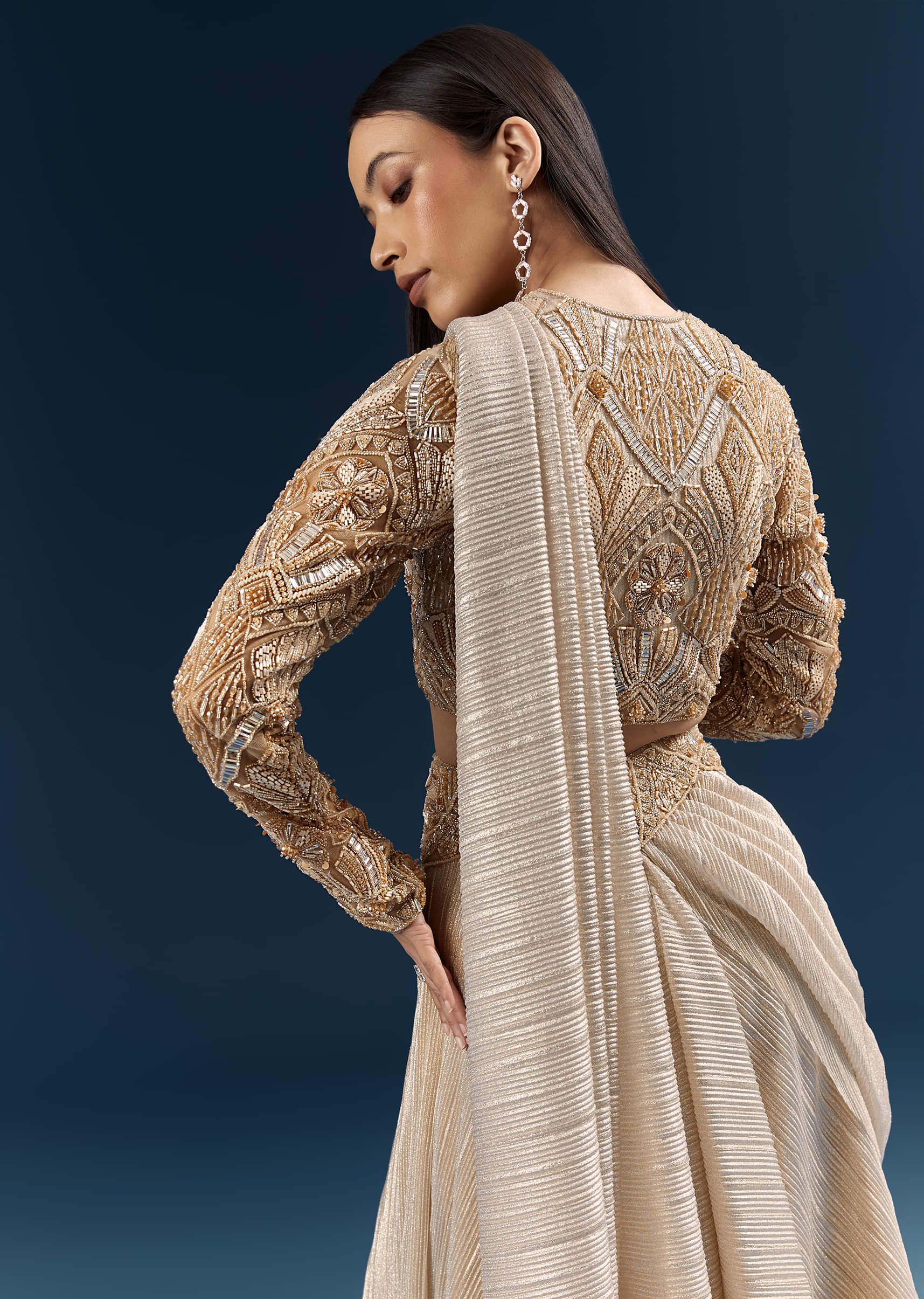 Gold Ready Pleated Saree With Aari Work - Image 5
