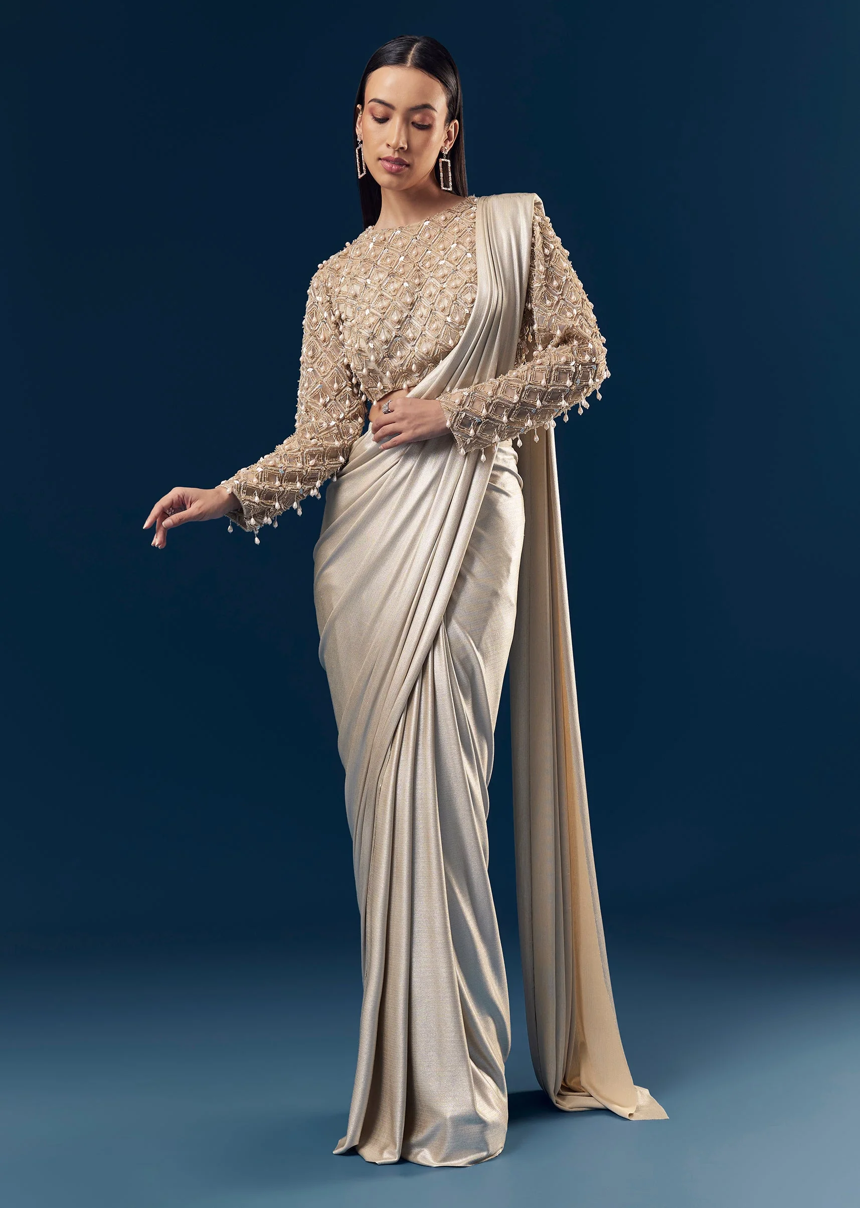 Gold Ready Pleated Saree With Full Sleeve Pearl Detailed Blouse