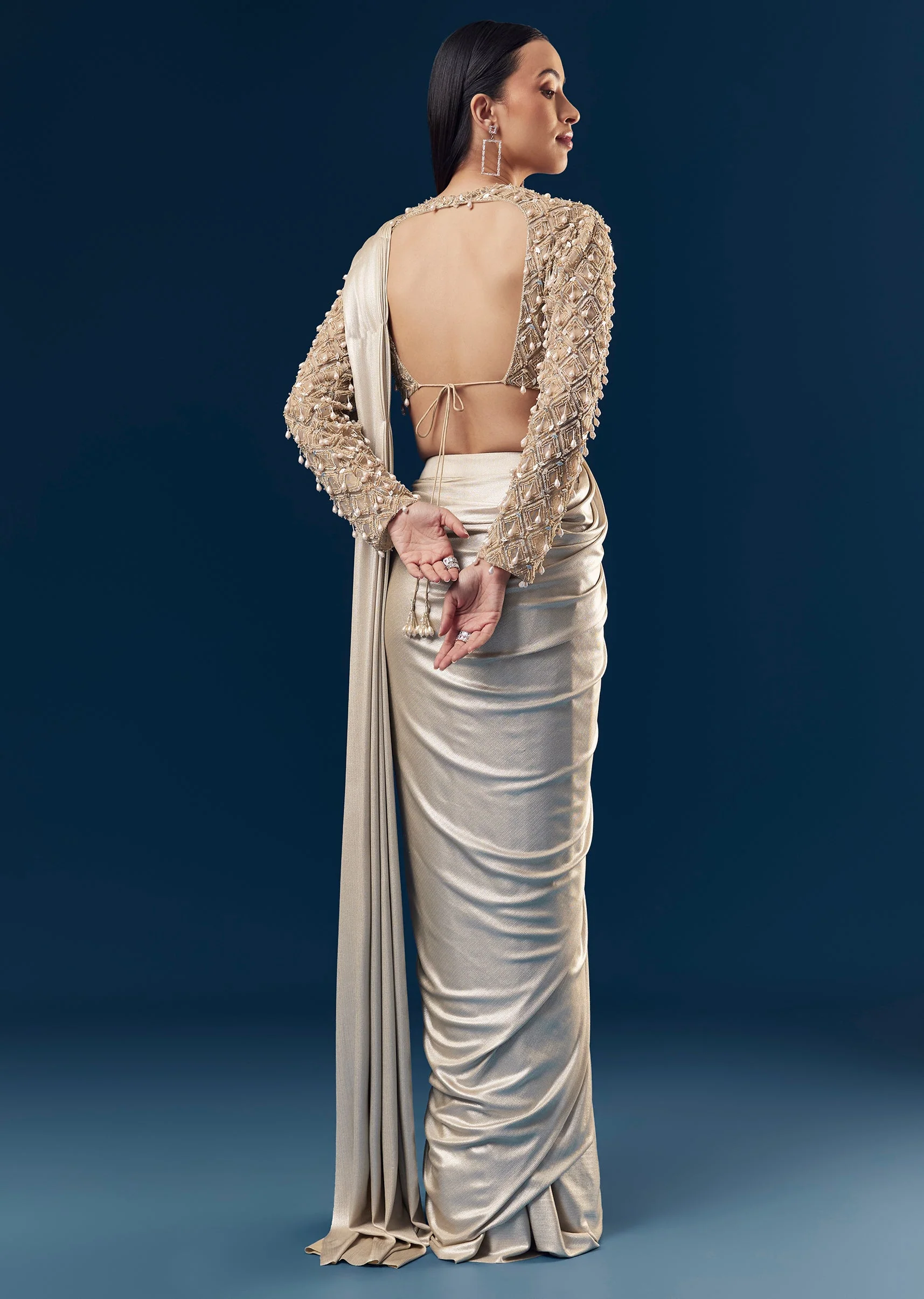 Gold Ready Pleated Saree With Full Sleeve Pearl Detailed Blouse - Image 2