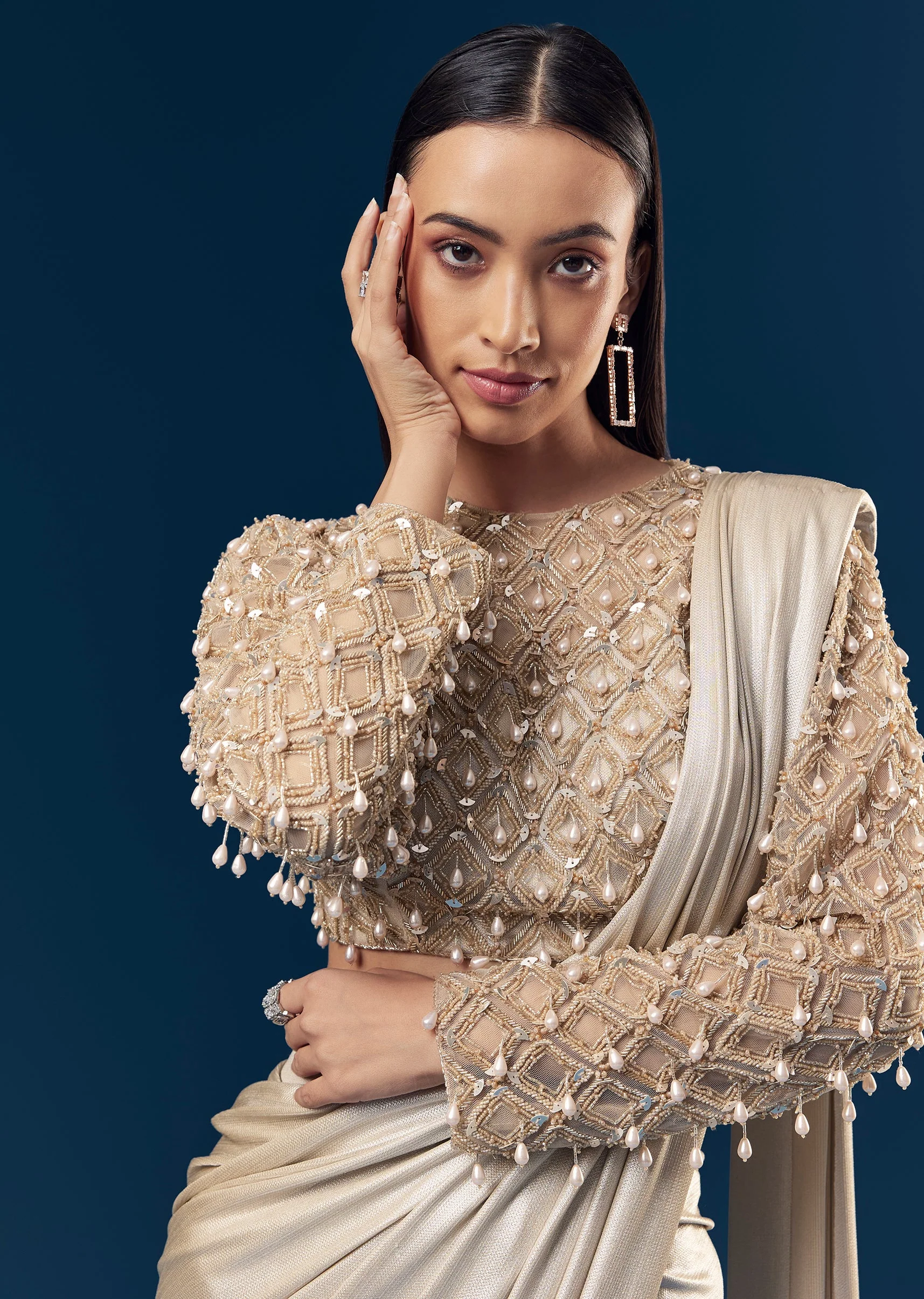Gold Ready Pleated Saree With Full Sleeve Pearl Detailed Blouse - Image 3