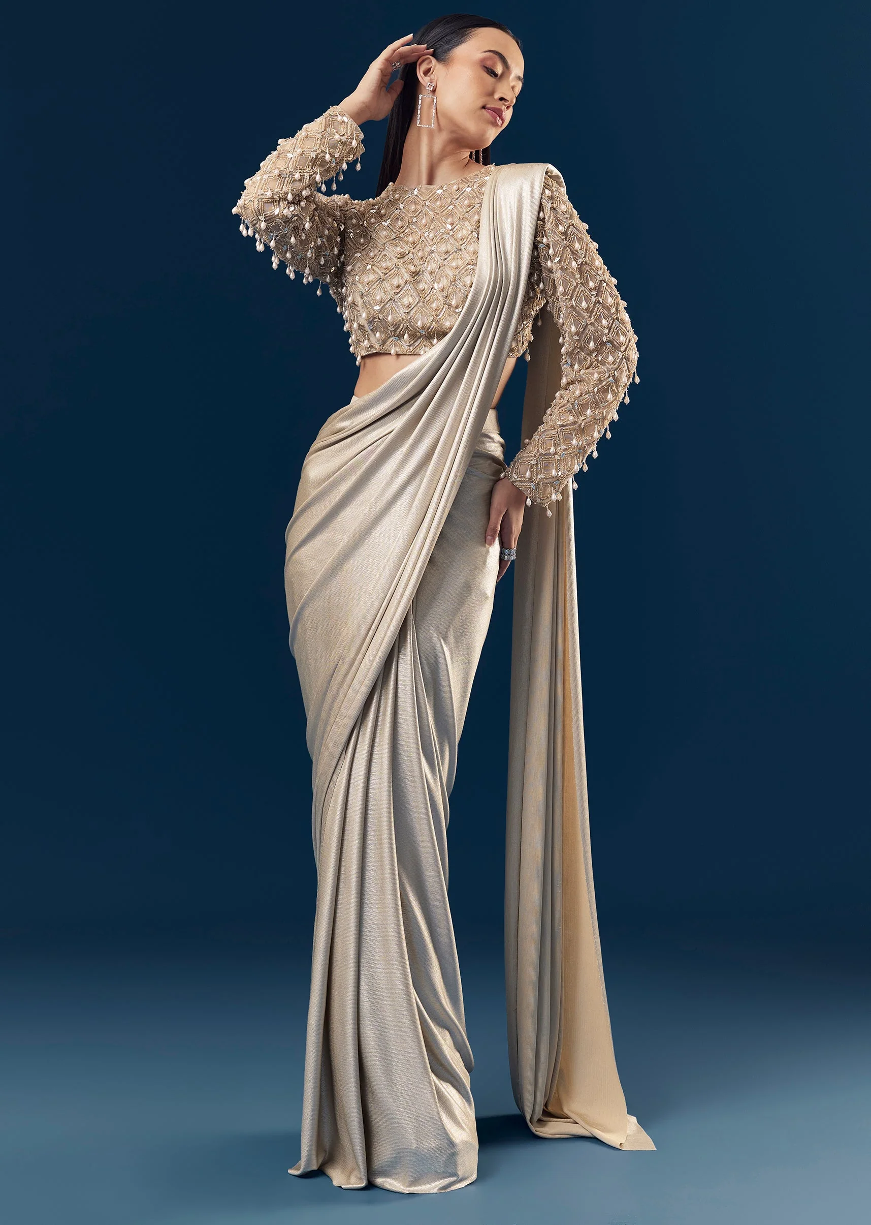 Gold Ready Pleated Saree With Full Sleeve Pearl Detailed Blouse - Image 4