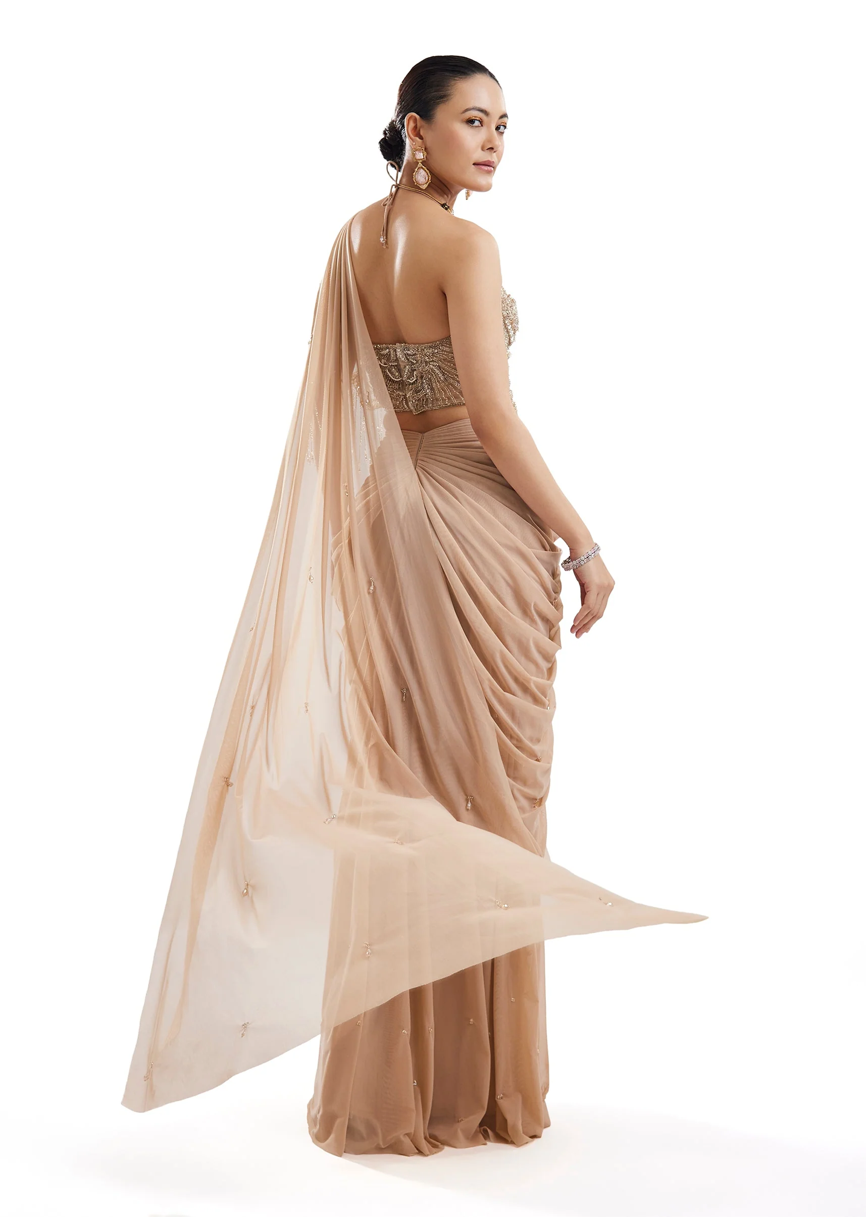 Gold Ready Pleated Saree With Halter Blouse - Image 2
