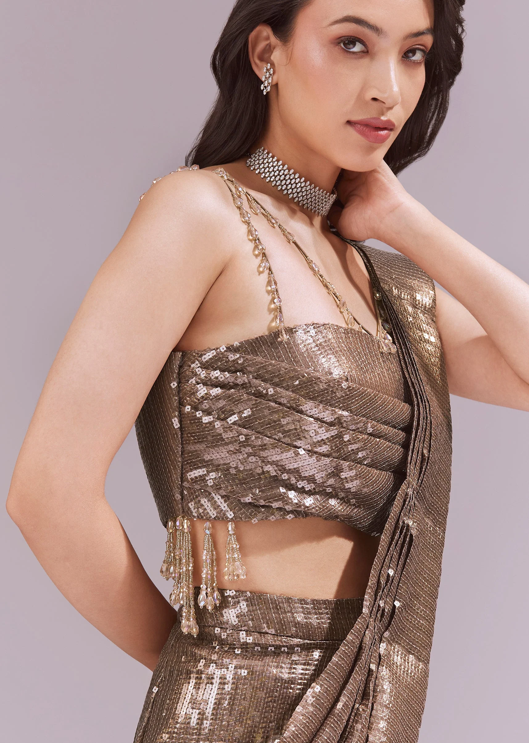 Gold Ready Pleated Saree With Sequins Dory Work And Cowl Neck - Image 3