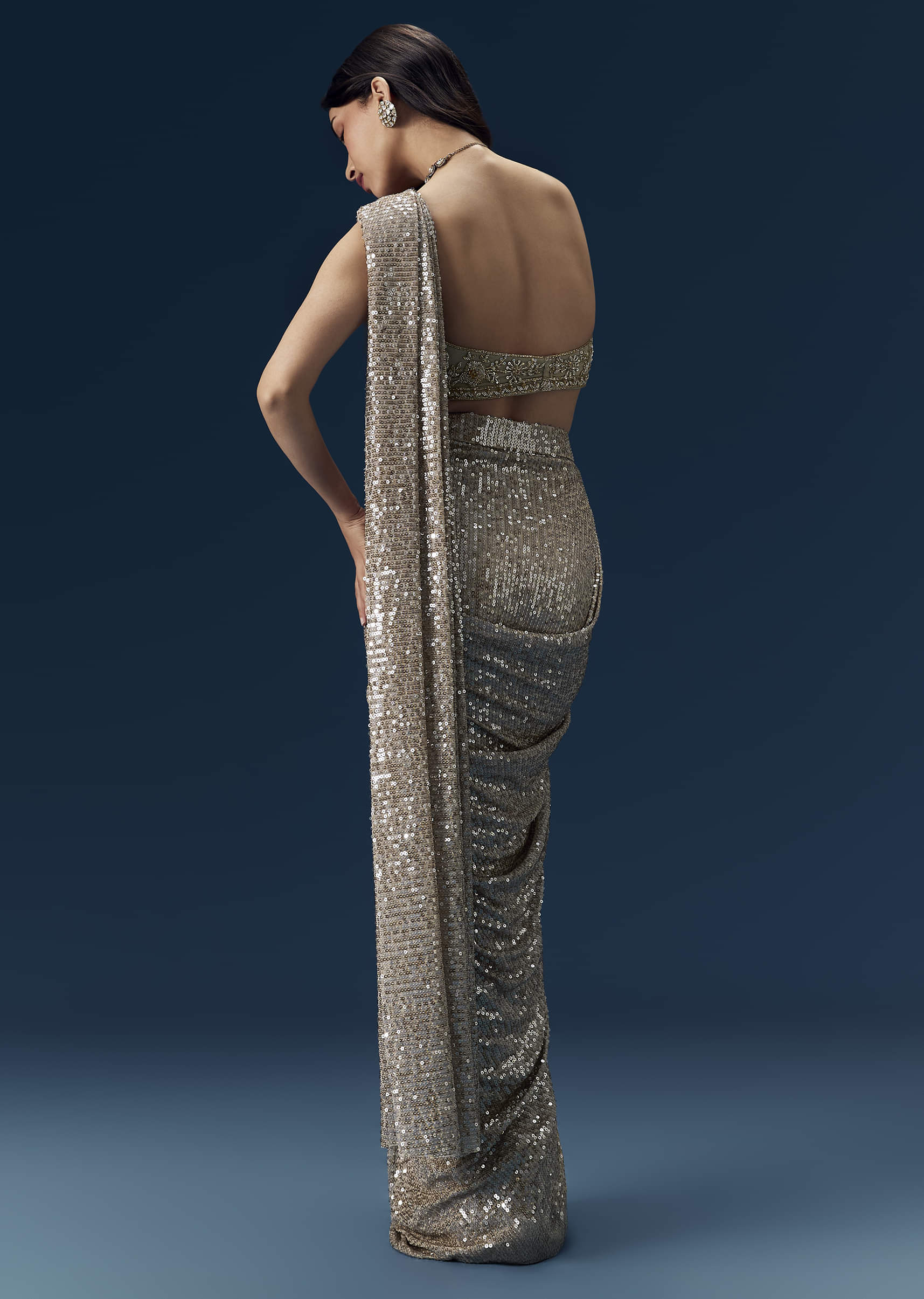 Gold Ready Pleated Sequin Net Saree with Blouse - Image 2