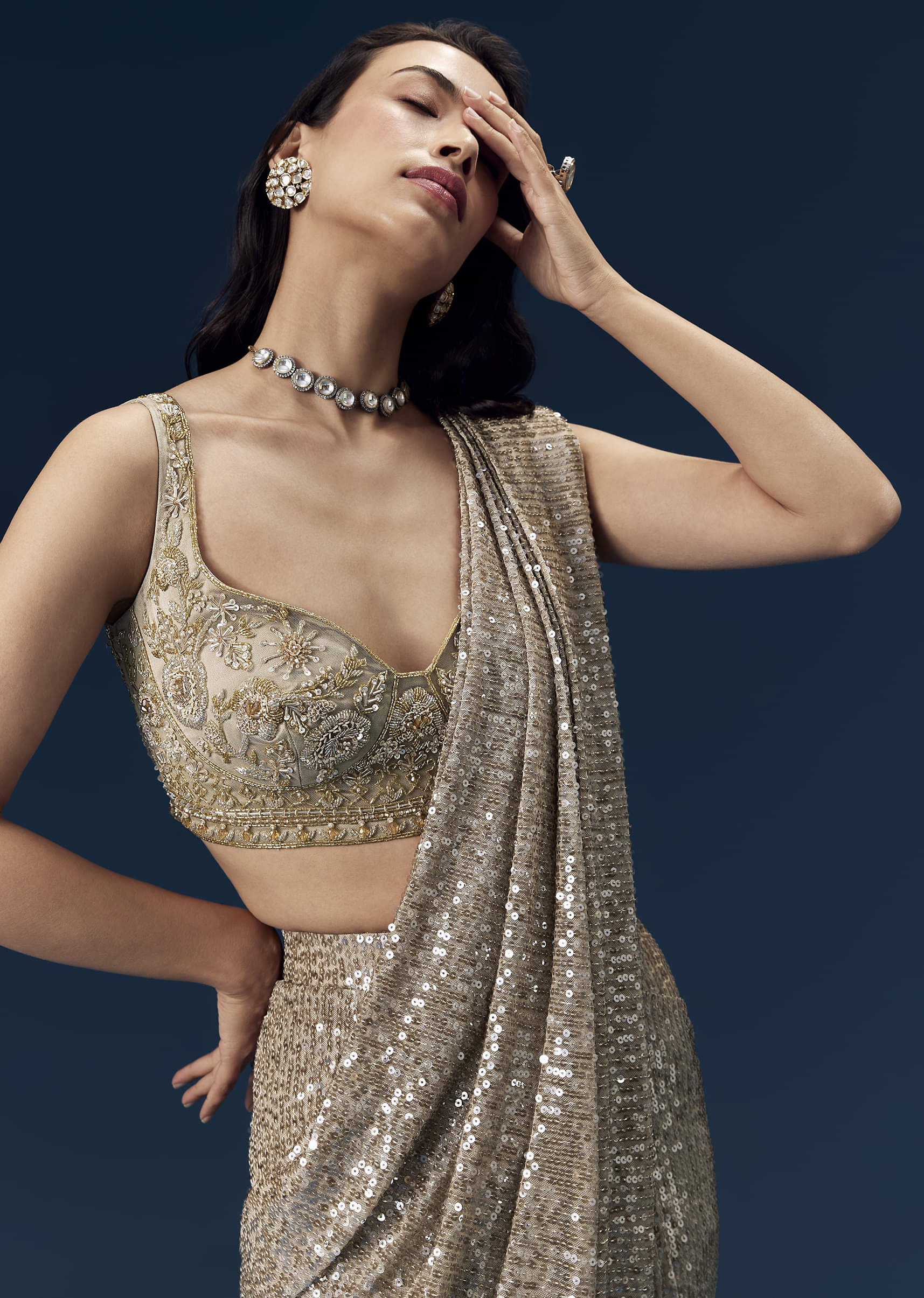 Gold Ready Pleated Sequin Net Saree with Blouse - Image 3