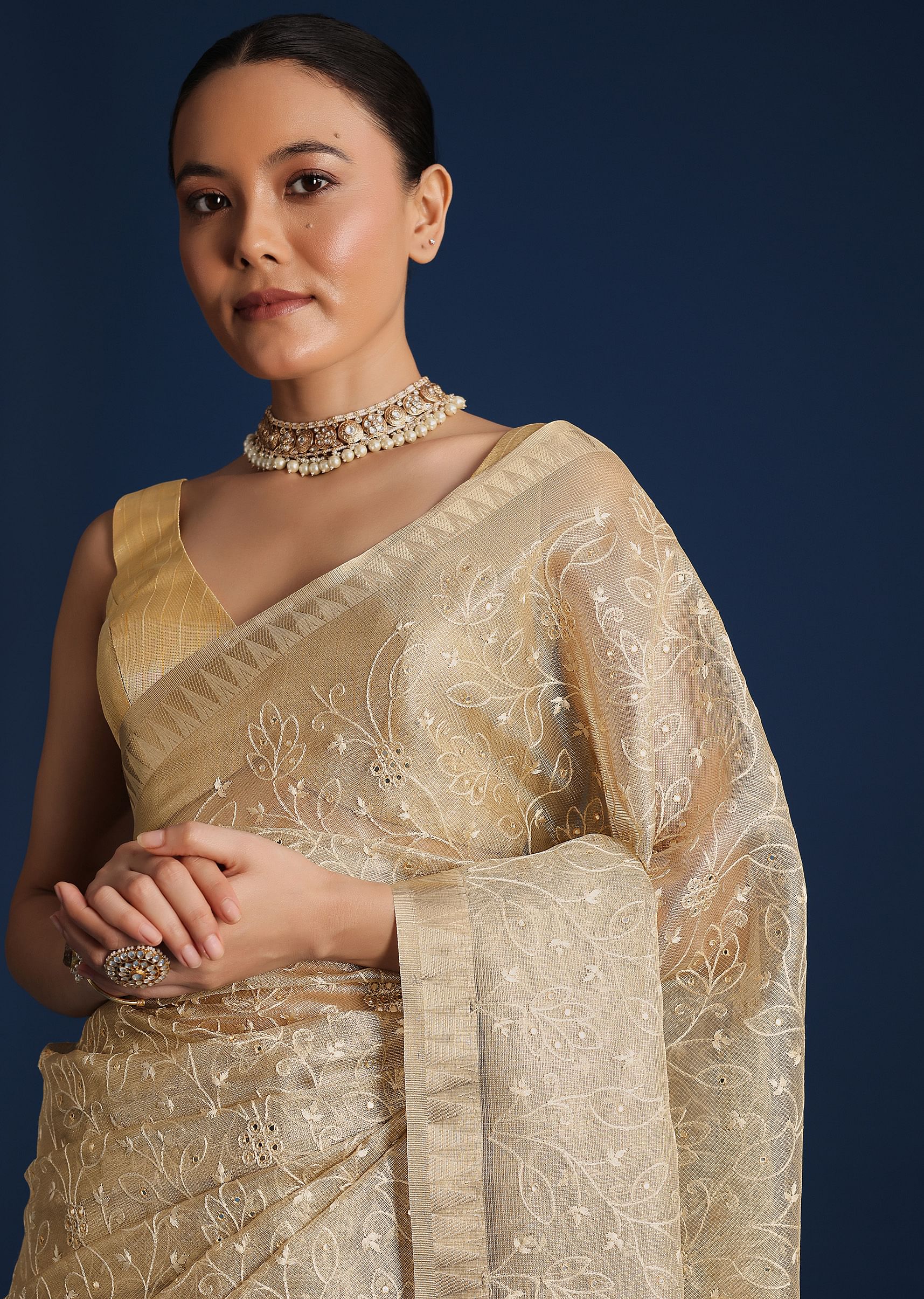 Gold Saree In Tissue Silk with Floral Resham Work - Image 3