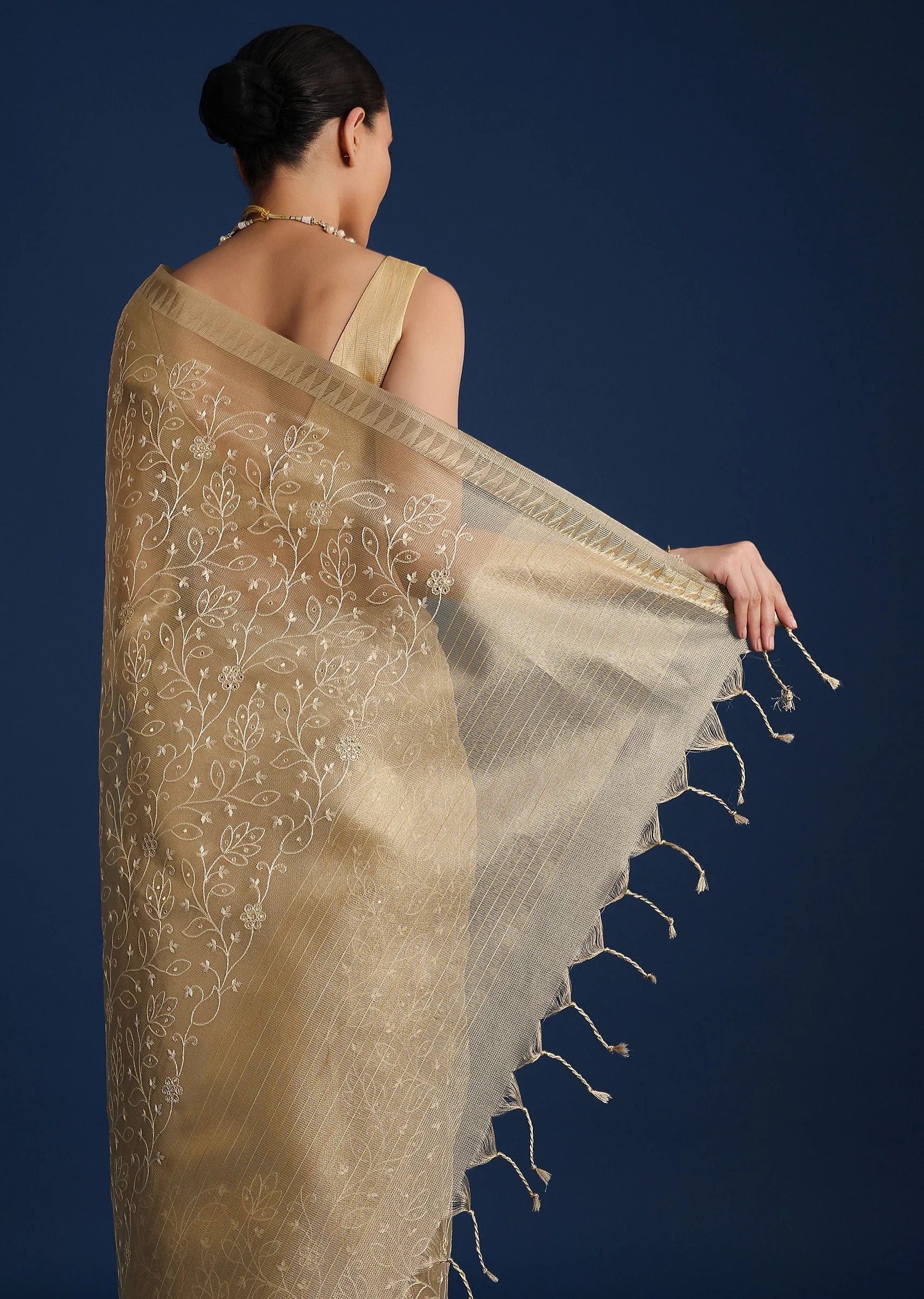 Gold Saree In Tissue Silk with Floral Resham Work - Image 4