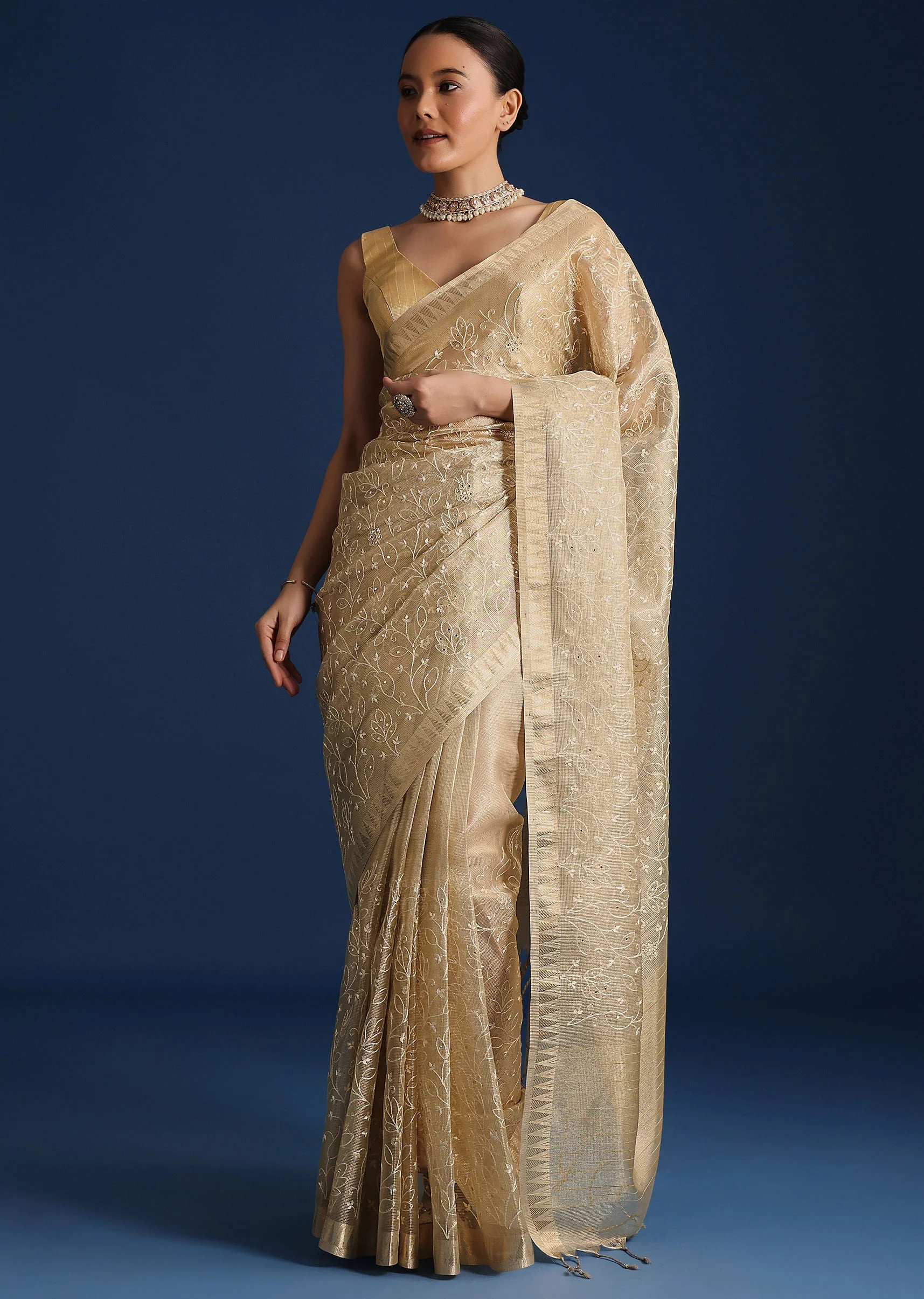 Gold Saree In Tissue Silk with Floral Resham Work - Image 5