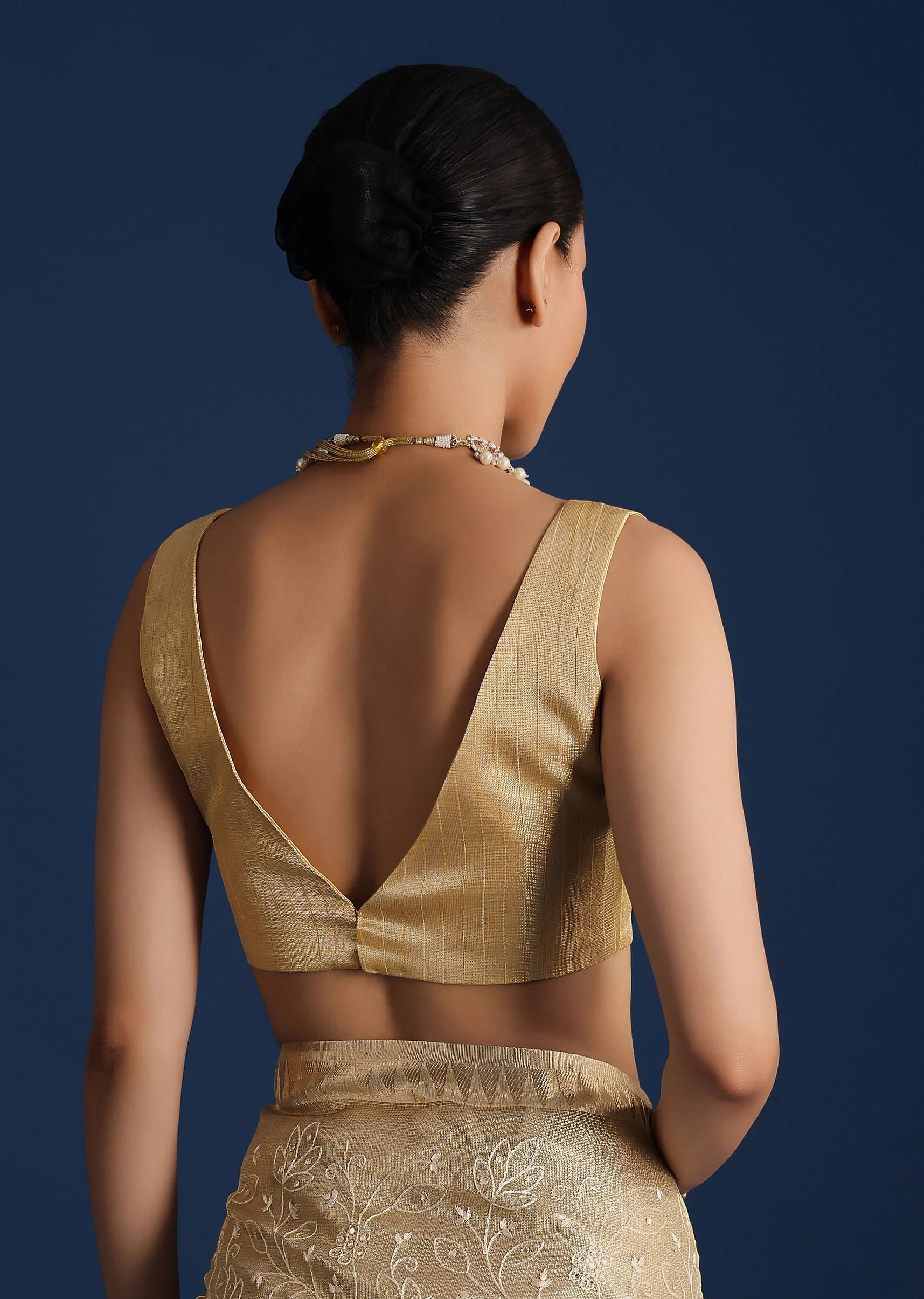 Gold Saree In Tissue Silk with Floral Resham Work - Image 8